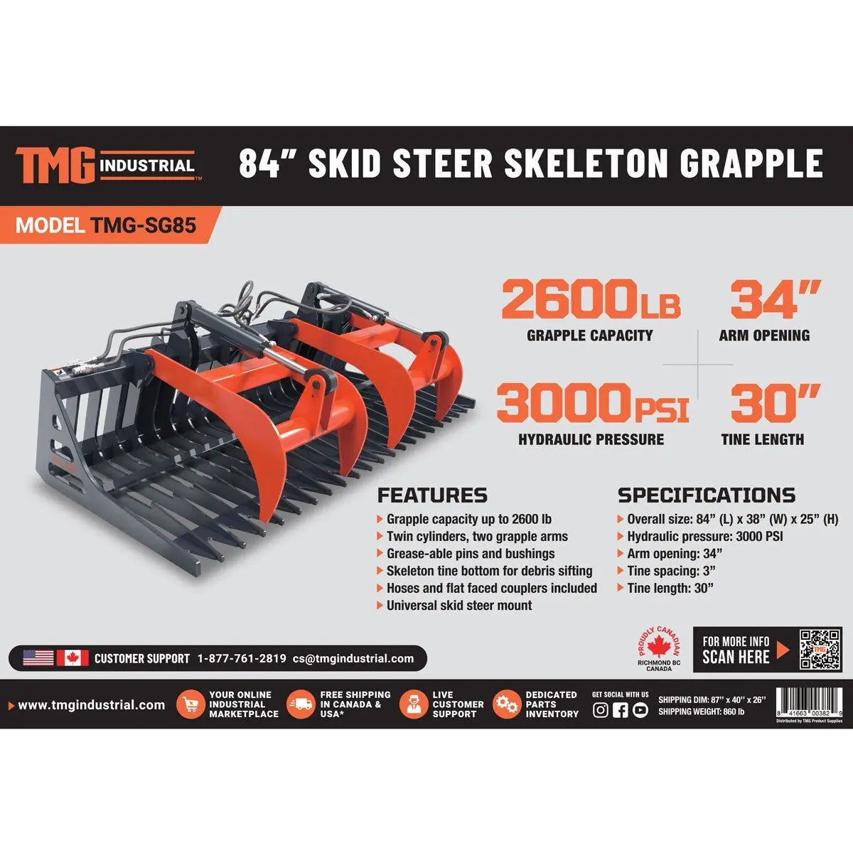 84" Skeleton Grapple for Skid Steer, 34" Opening, Hydraulic