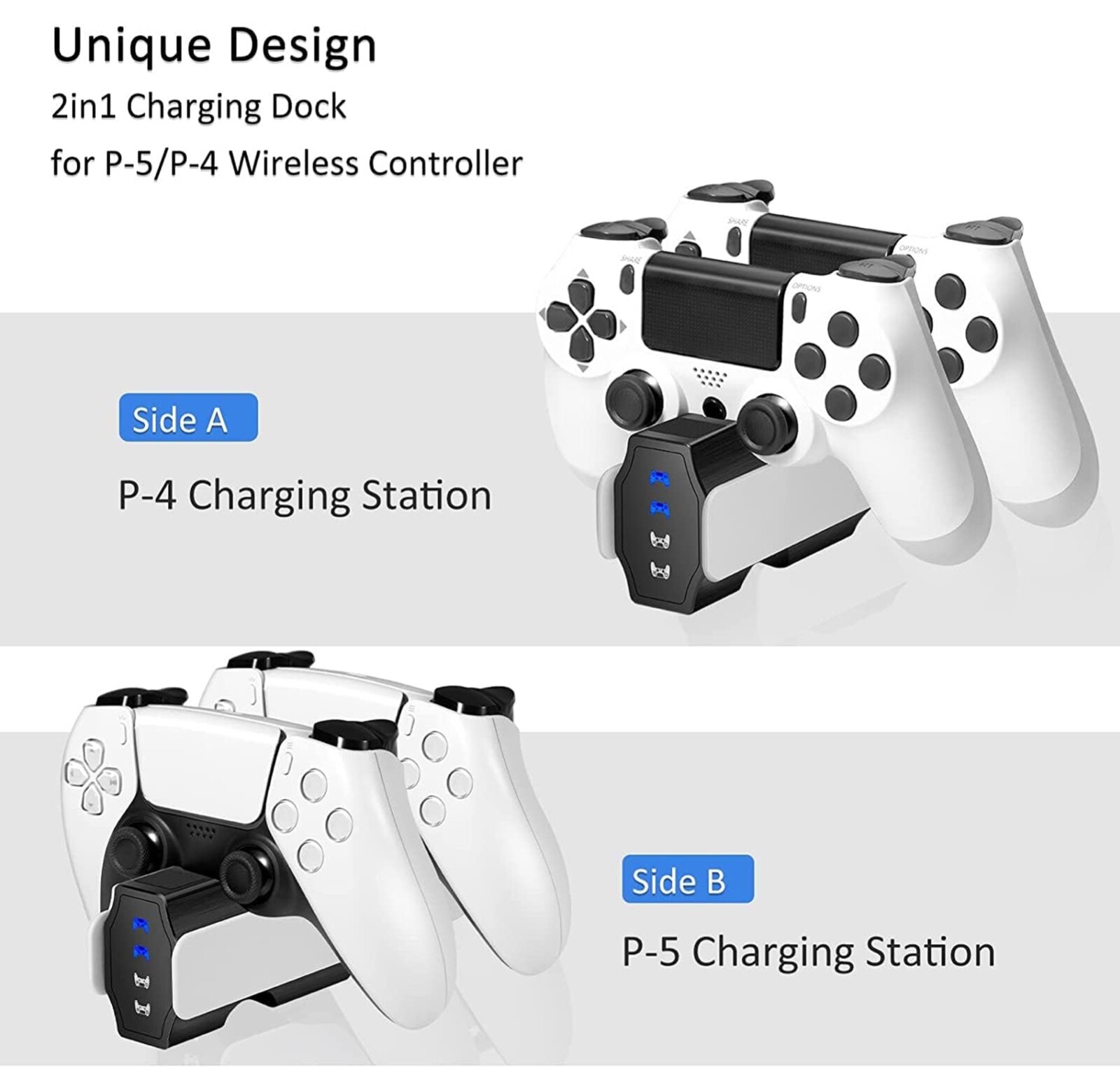 2 in 1 PS5 & PS4 Wireless Controller Charger, Charging Deck 4 PS5 PS4 Controller