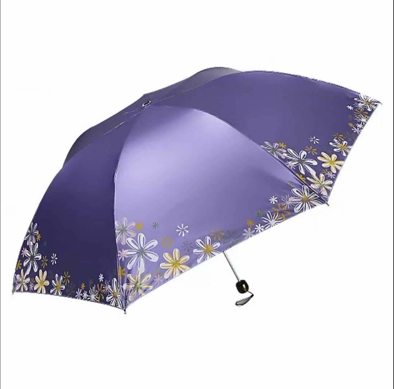 Women’s Compact Folding Umbrella UV Protection Purple Floral Flower Print