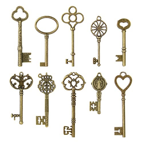 Vintage Skeleton Keys Set, Filigree Steampunk Keys, Antique Bronze Pack of 10