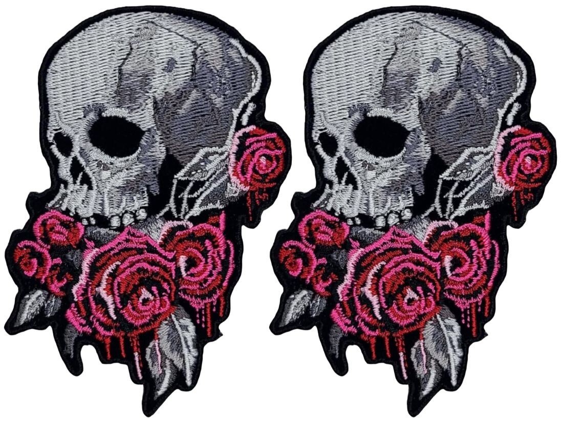 Bleeding Roses Skull Patch Embroidered | 2PC iron on or sew   4" x 3"