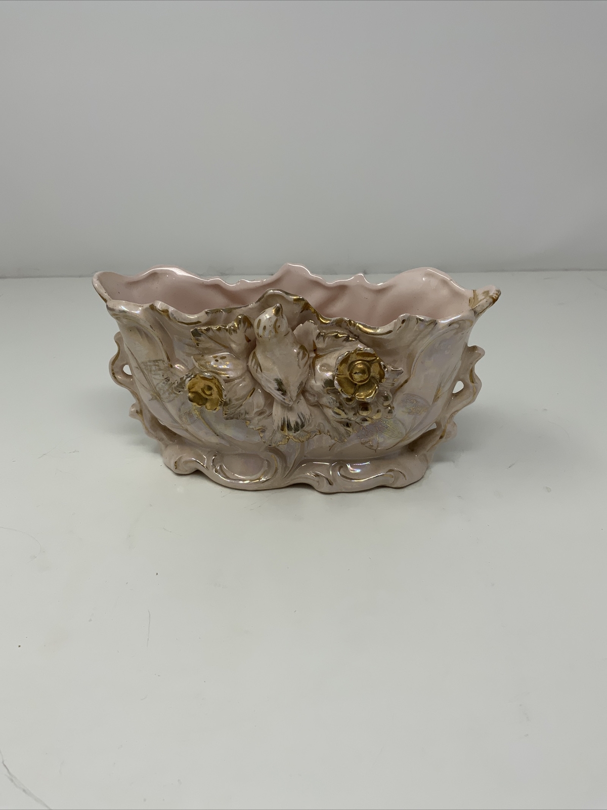 Vintage Porcelain Planter Light Pink Iridescent Gold Trim Birds Floral 7" Long