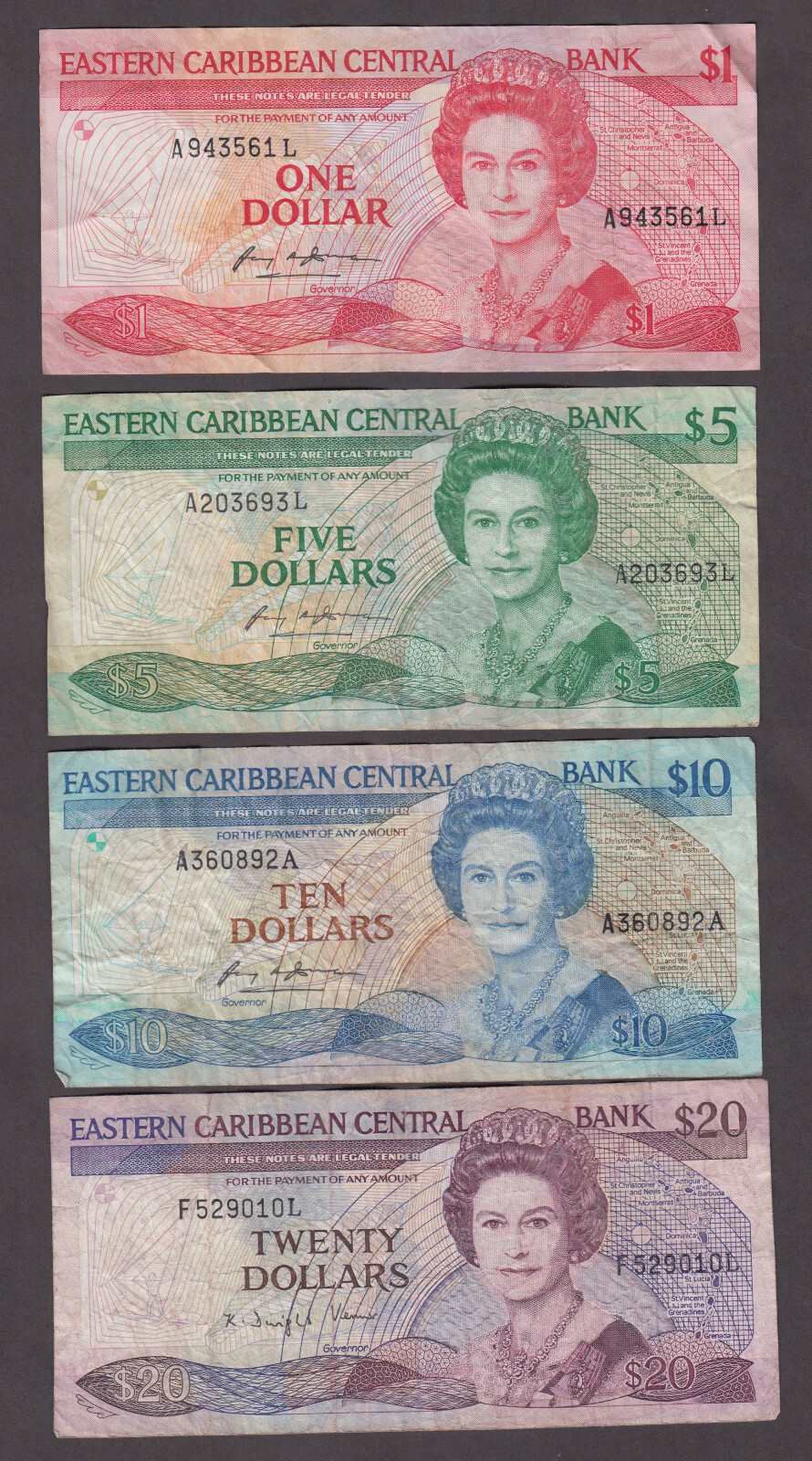 EAST EASTERN CARIBBEAN VINTAGE COLLECTION OF 1-5-10-20 DOLLARS "AH"  CRC  2211