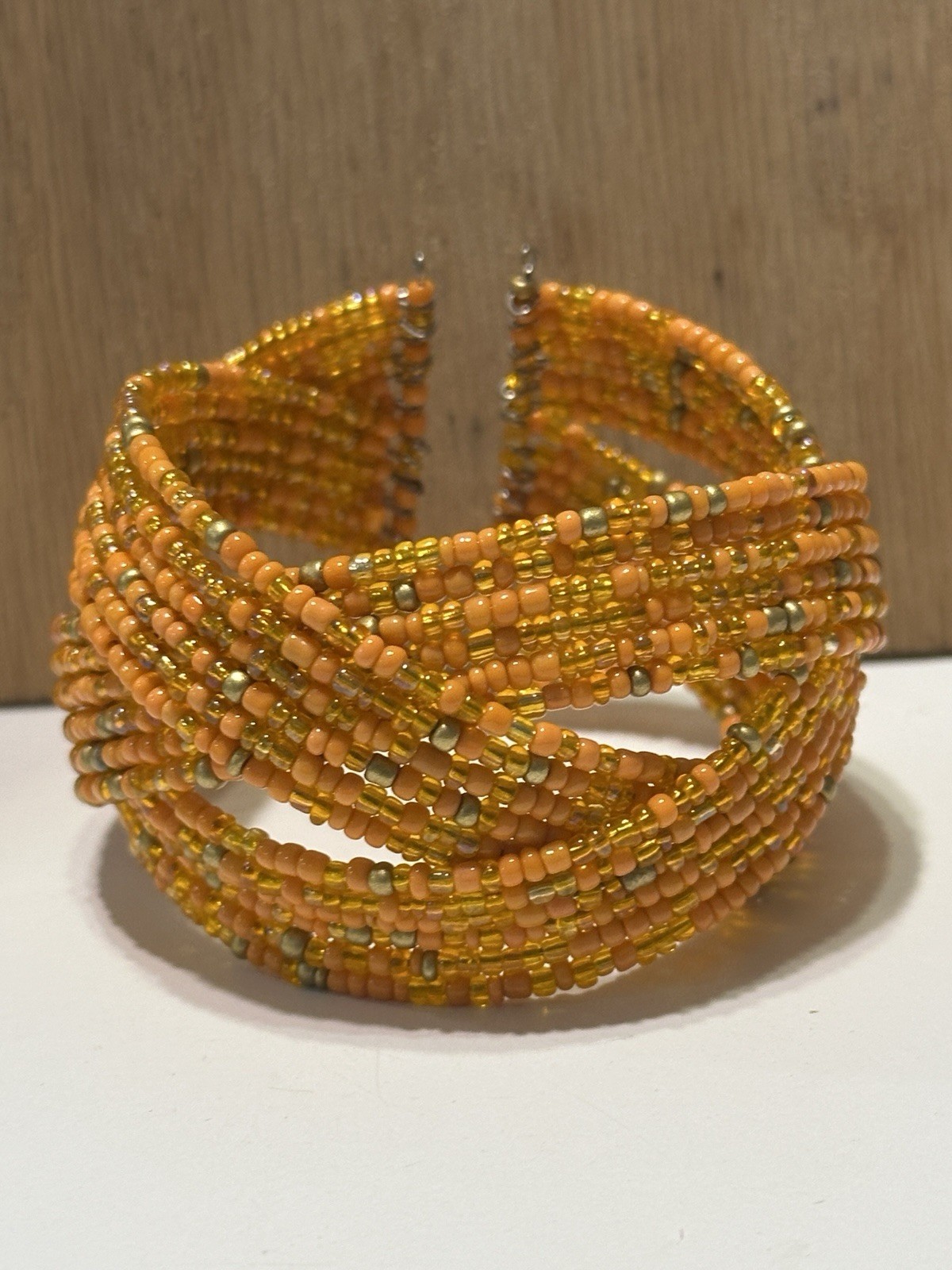 Beaded Braided Orange Gold ￼ memory wire Cuff Statement bracelet