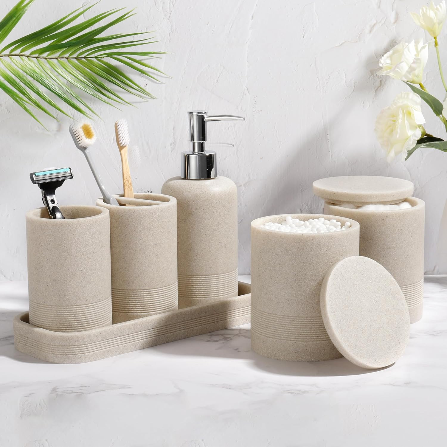 6-Piece Modern Bathroom Accessories Set in Beige - Organizer & Dispenser