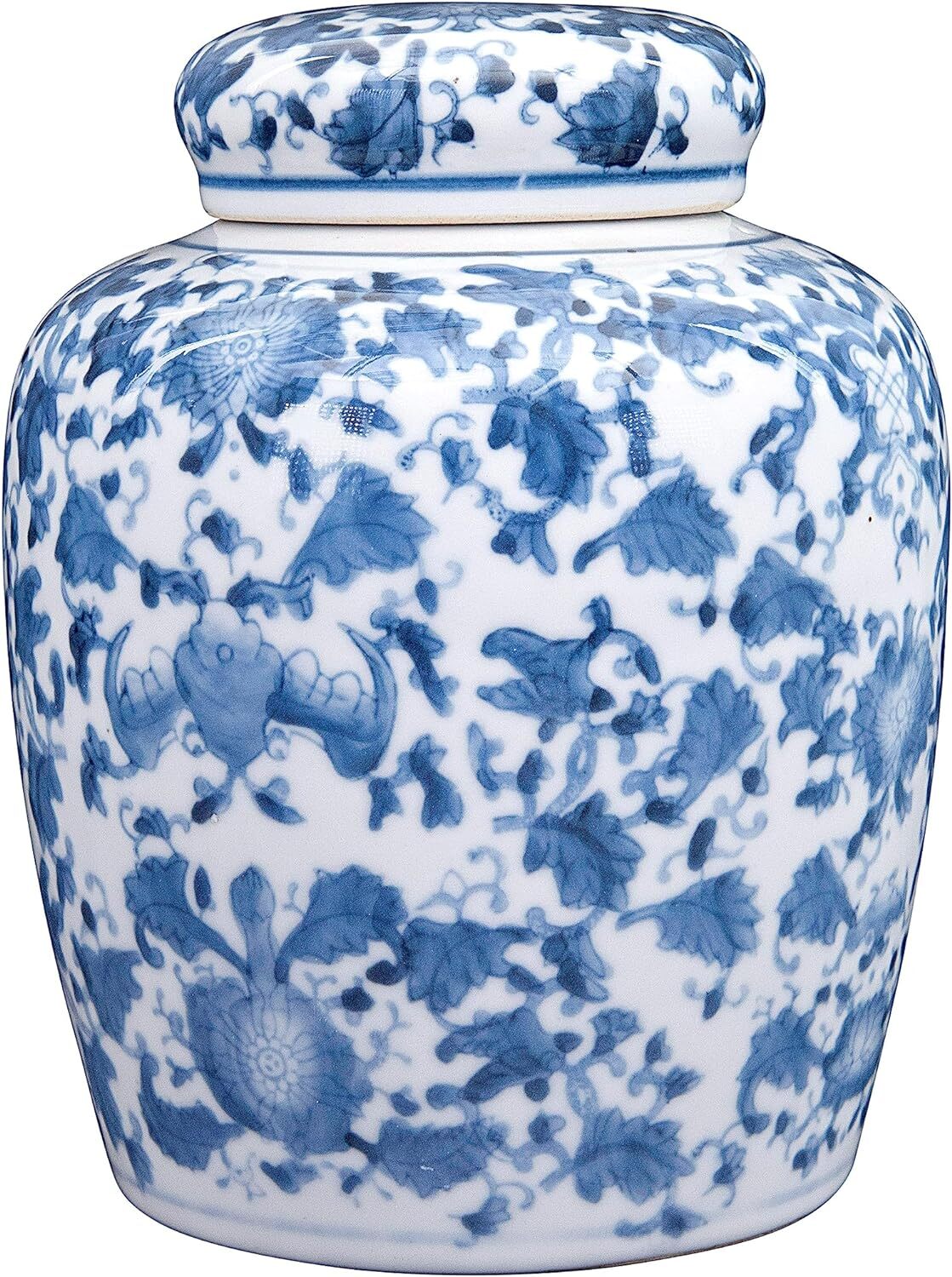 Decorative Blue and White Ceramic Ginger Jar with Lid 8.25” H, Curved Leaves