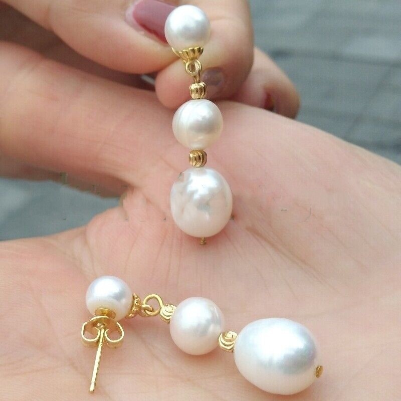 Excellent 11-13mm AAA South Sea White Baroque Pearl Earrings Stud 14k Gold