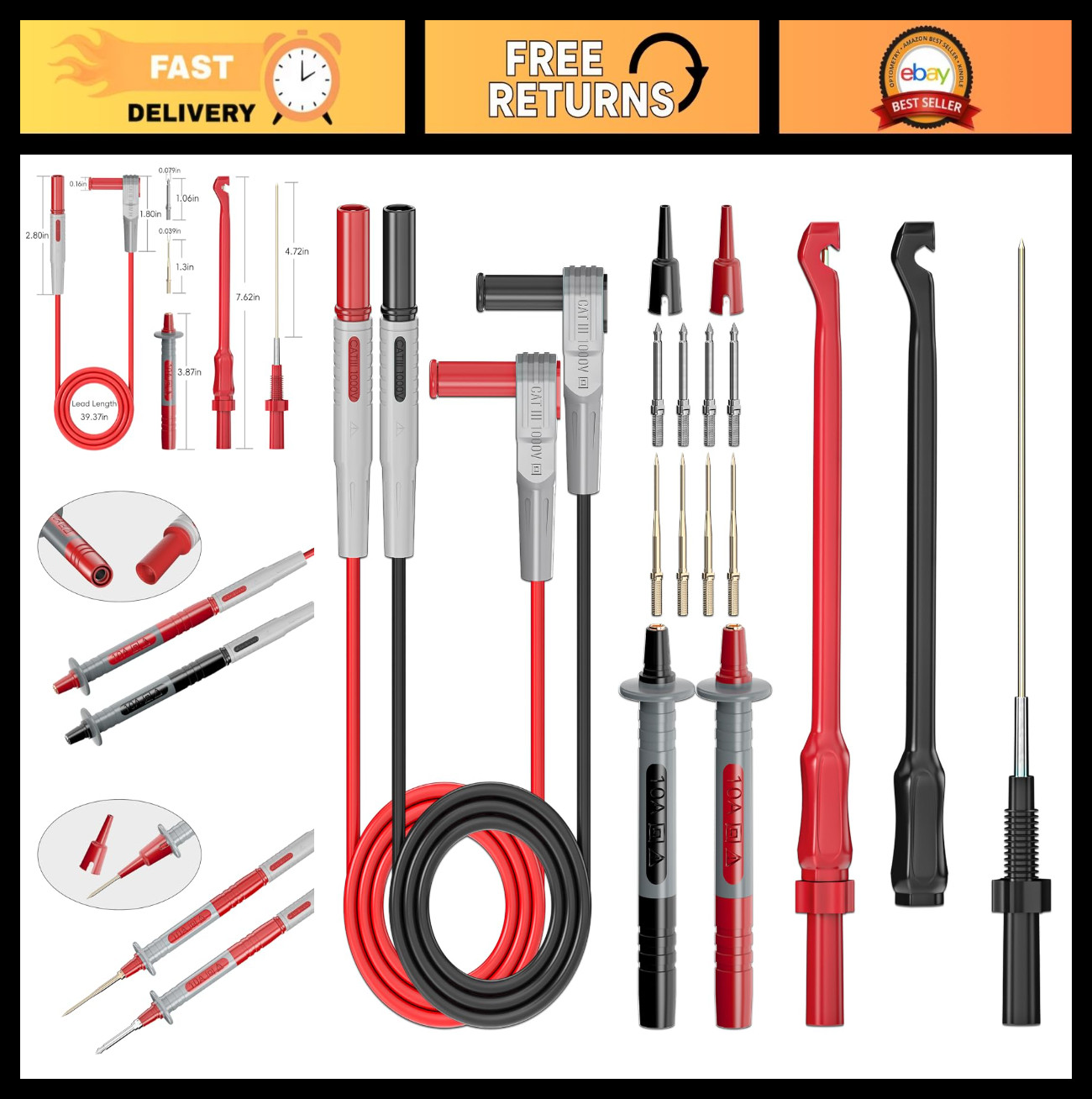 Automotive Multimeter Test Leads Kit - Wire Piercing Clip Probes & 4mm Banana Pl