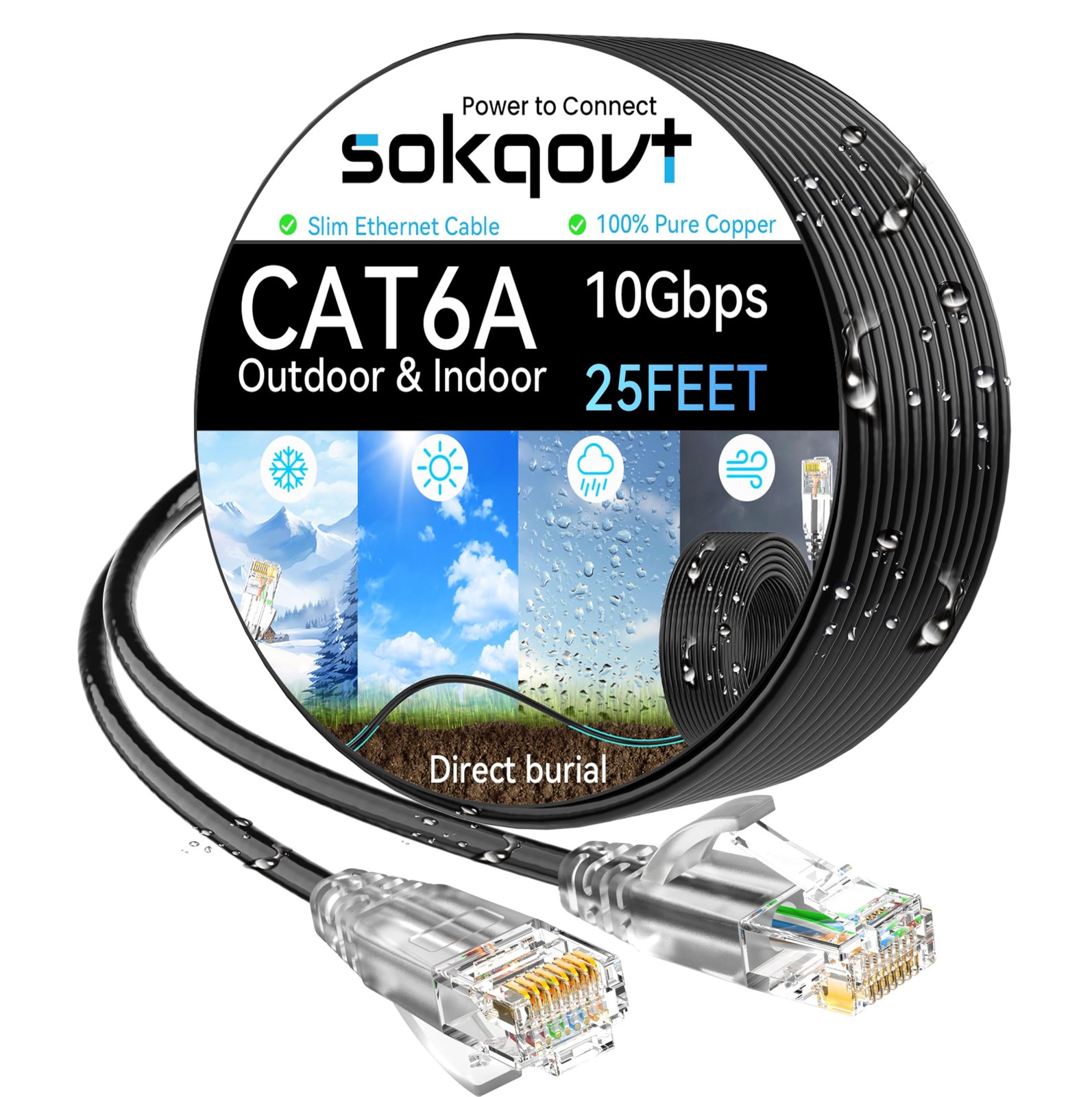 Cat6a Ethernet Cable Slim 25ft Outdoor&Indoor, 28AWG Pure Copper 25ft, Black