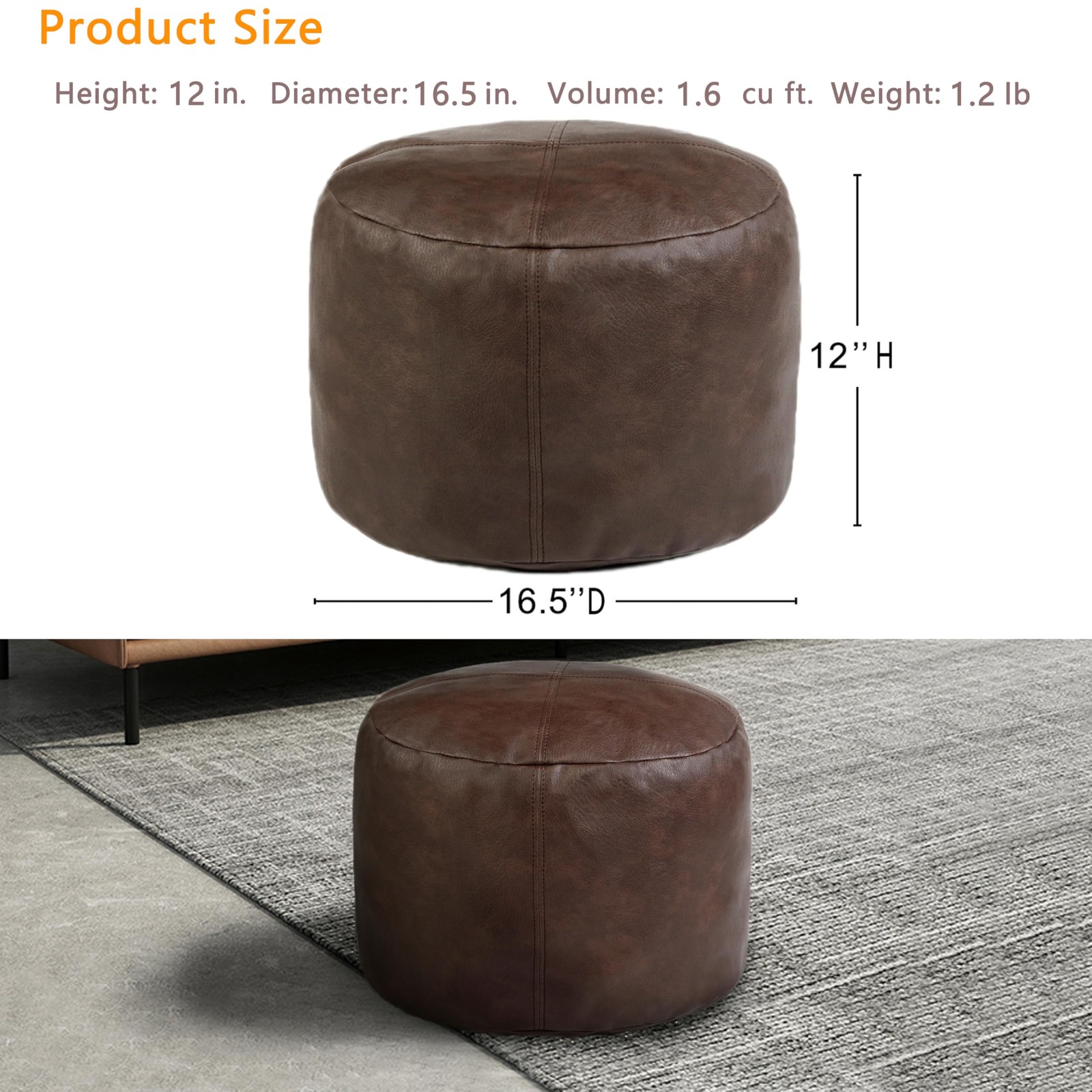Thgonwid Unstuffed Faux Leather Pouf Cover, 16.5”x12.5”, Matte Coffee