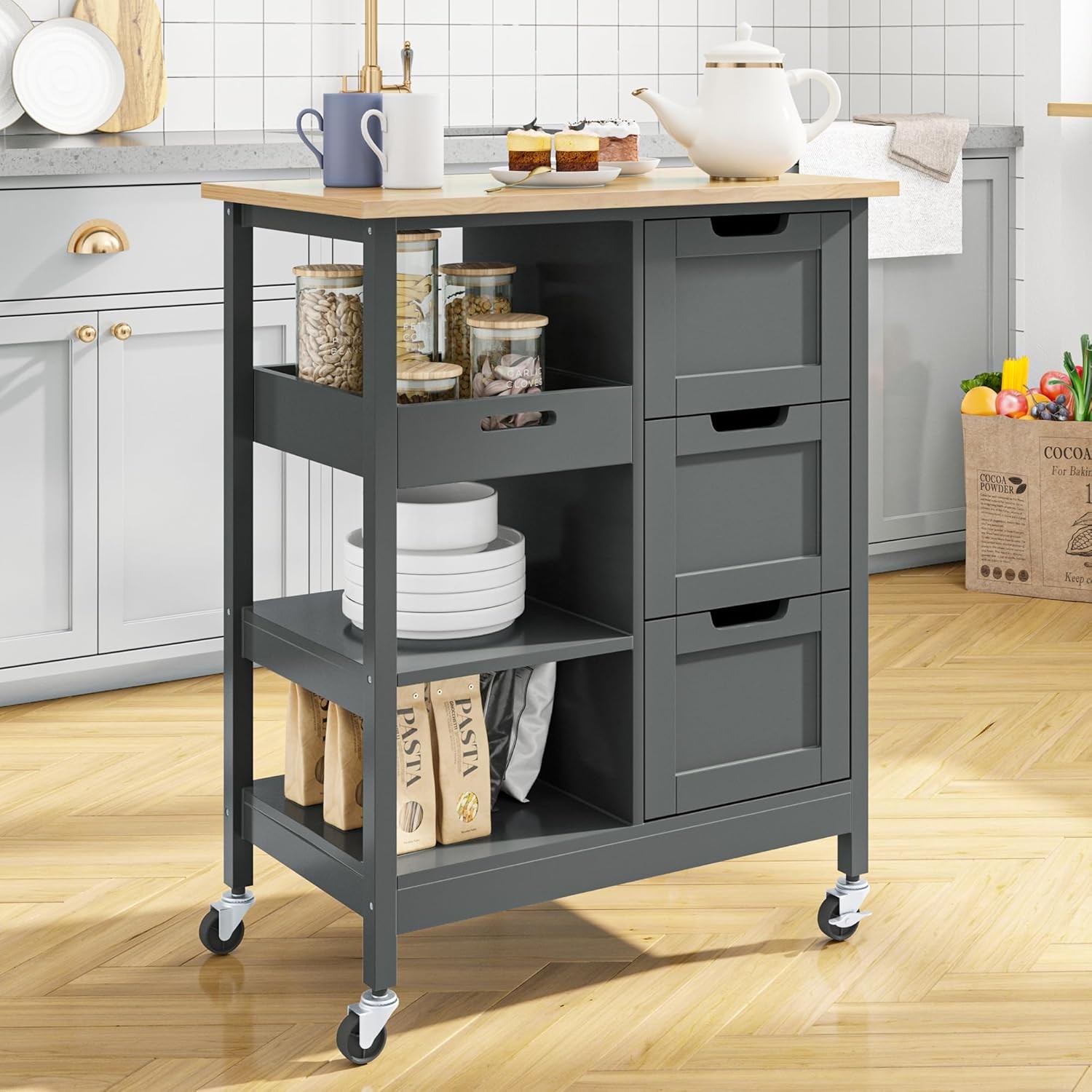 Gray Rolling Kitchen Cart with Wood Top, 300lb Capacity, 3 Shelves & Drawers