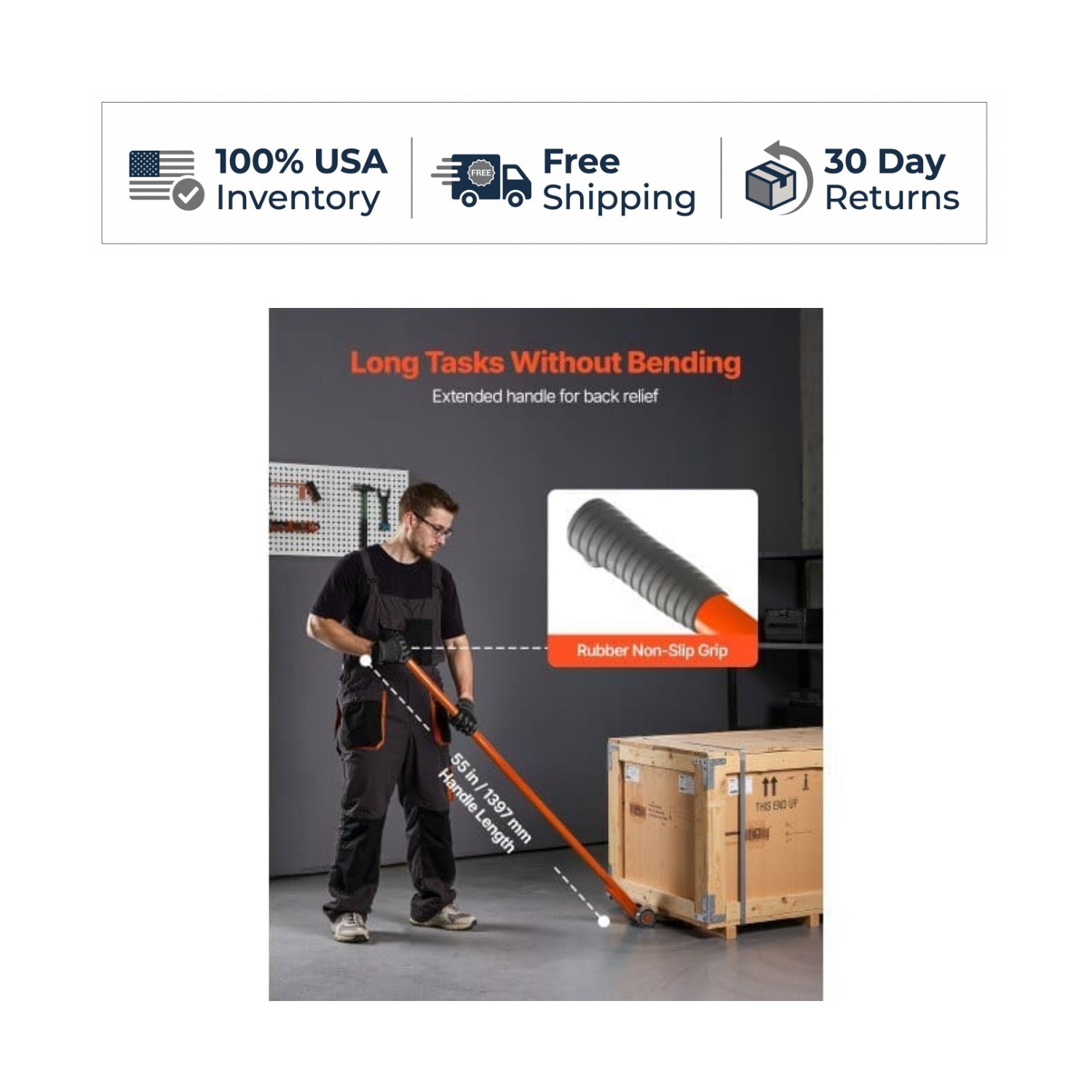 VEVOR CCL-HL6600-1 Pry Lever Bar 6600 lbs 56 Inch Carbon Steel Dolly Wheels