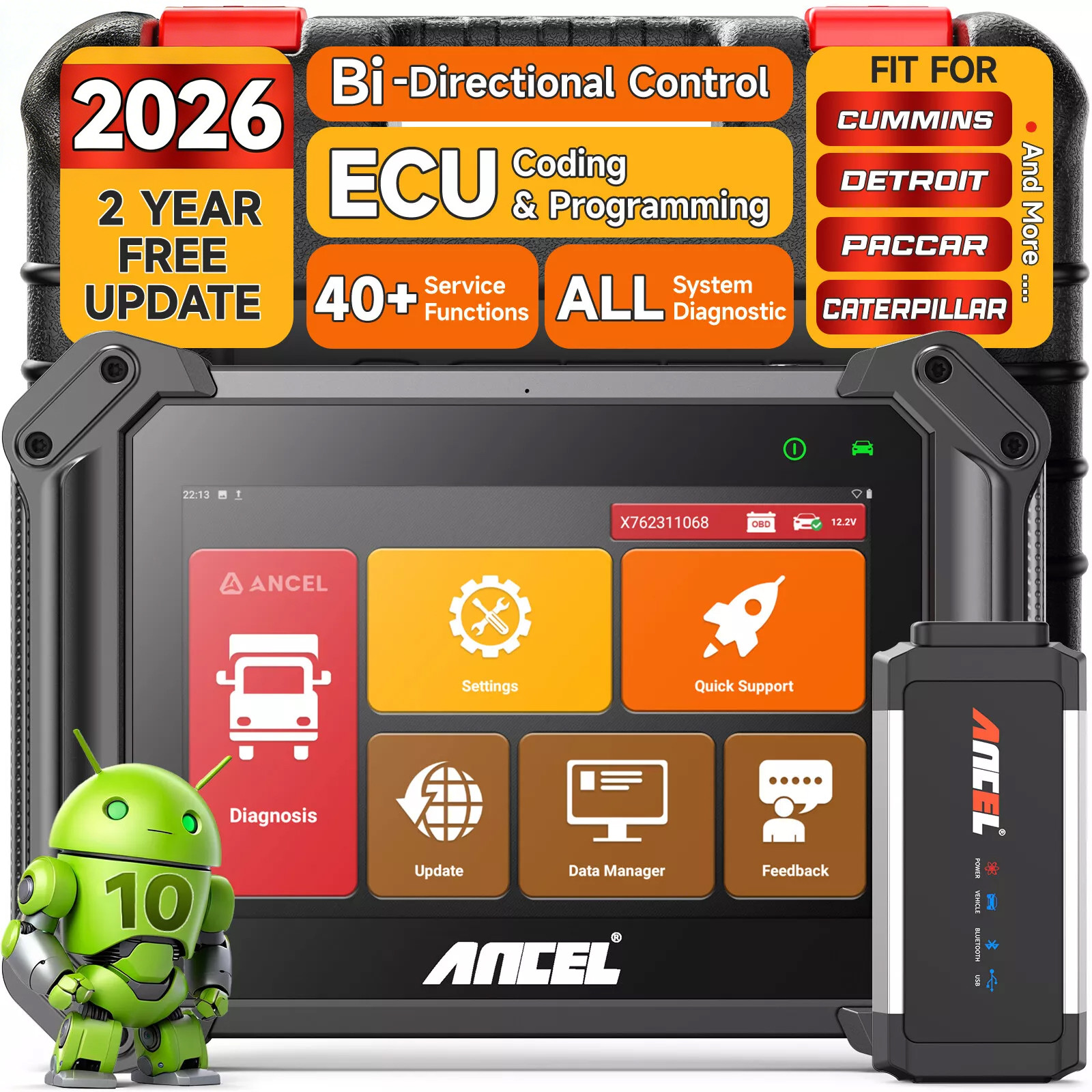 ANCEL V6 HD Diesel OBD2 Diagnostic Scanner Heavy Duty Truck DPF Regen ECU Coding