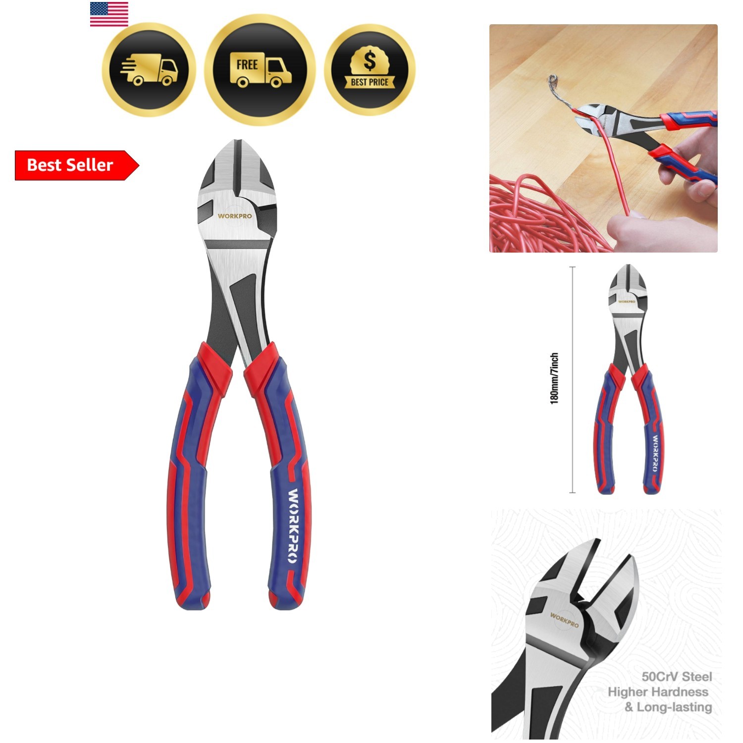 7-Inch Diagonal Pliers in CRV Steel for Cutting Wires, Bi-material Handle Com...