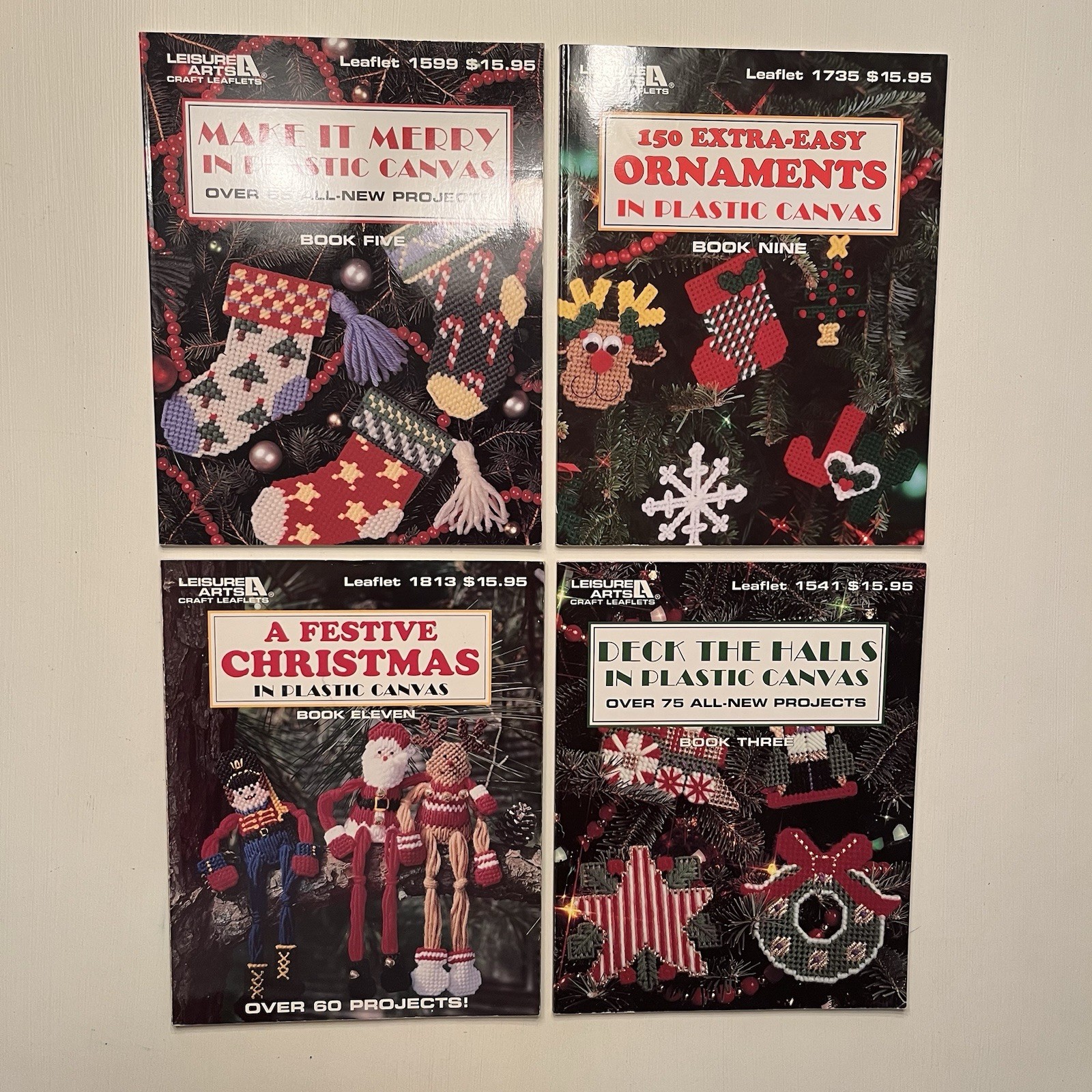 Lot of 4 Christmas Plastic Canvas Books-Make It Merry, 150 Ornaments, Festive...