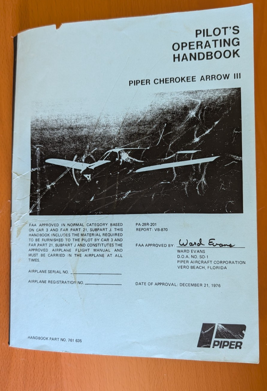 Piper PA28R-201 Cherokee Arrow III Operating Handbook 1976-1977 Copy 761-635