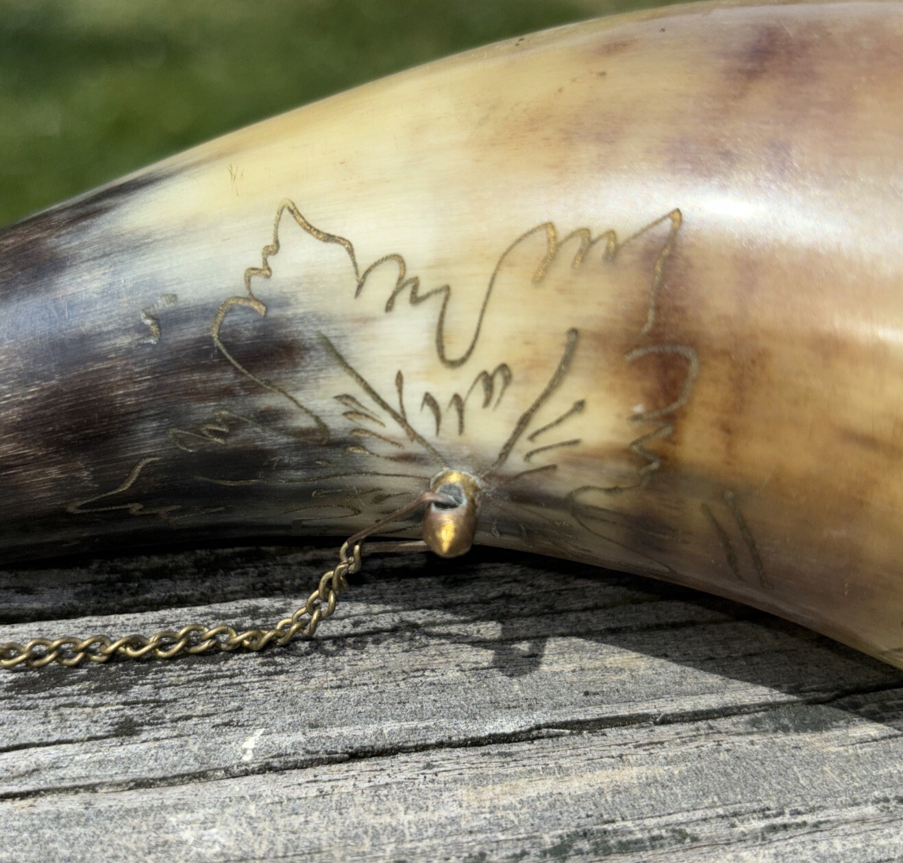 Antique Powder Horn Genuine Horn Brass Fittings Chain Carved Designs Signed Date