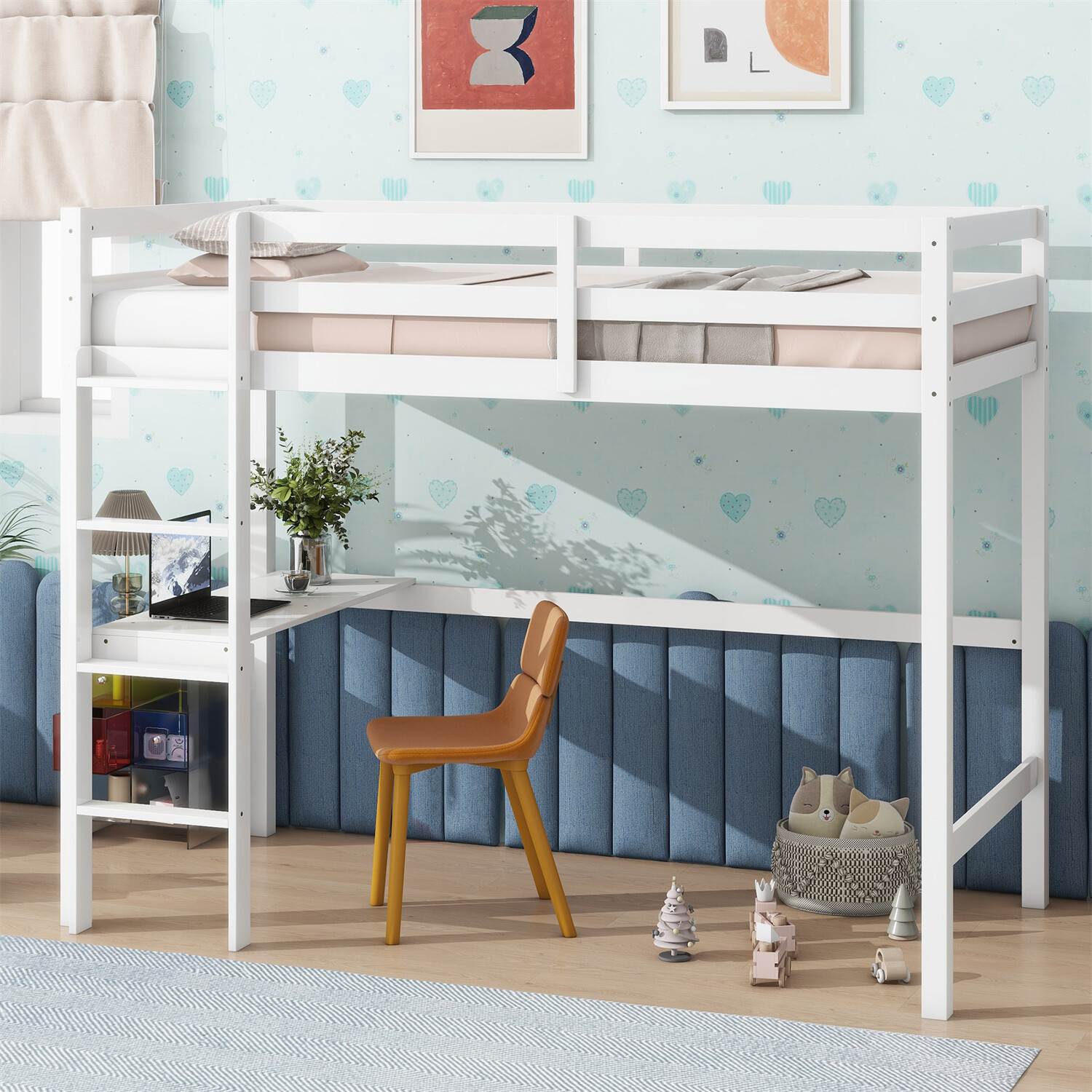 Twin Size Loft Bed Frame Wooden Twin Size Bed Frame with Desk White/Oak/Pink