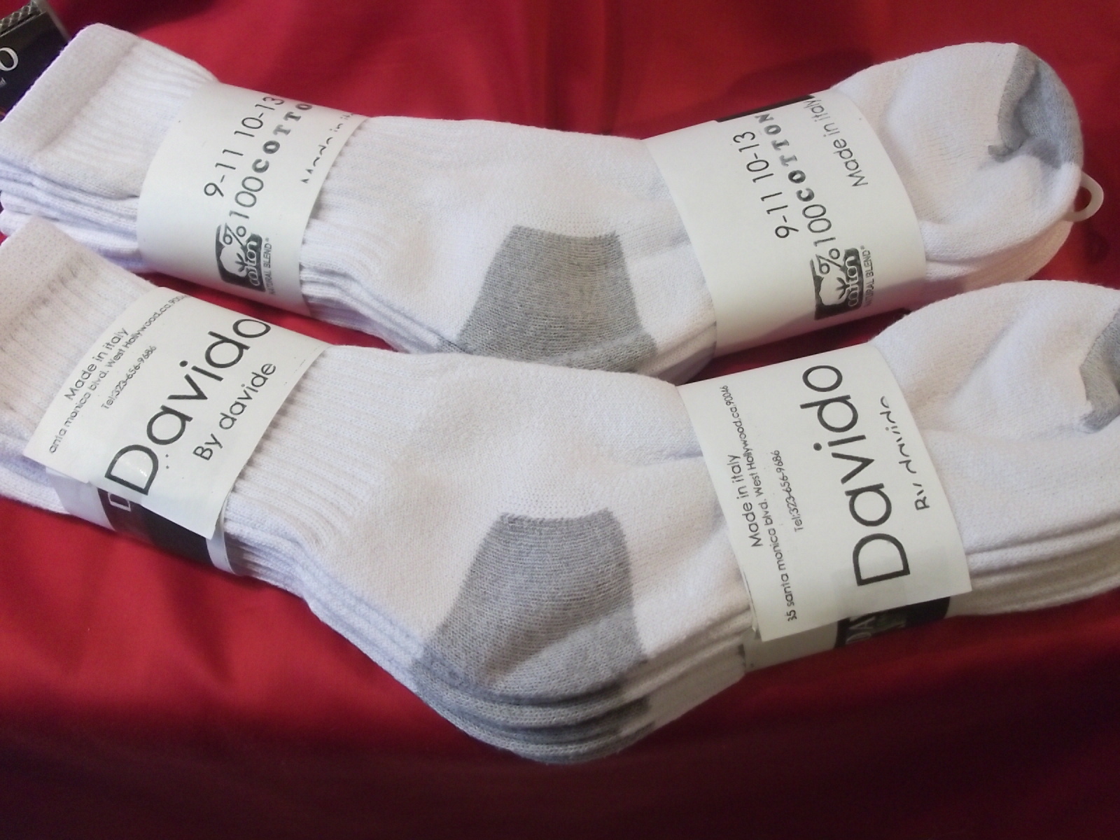 Davido Mens socks crew 100% cotton made in Italy white / gray 6 pairs size 9-11