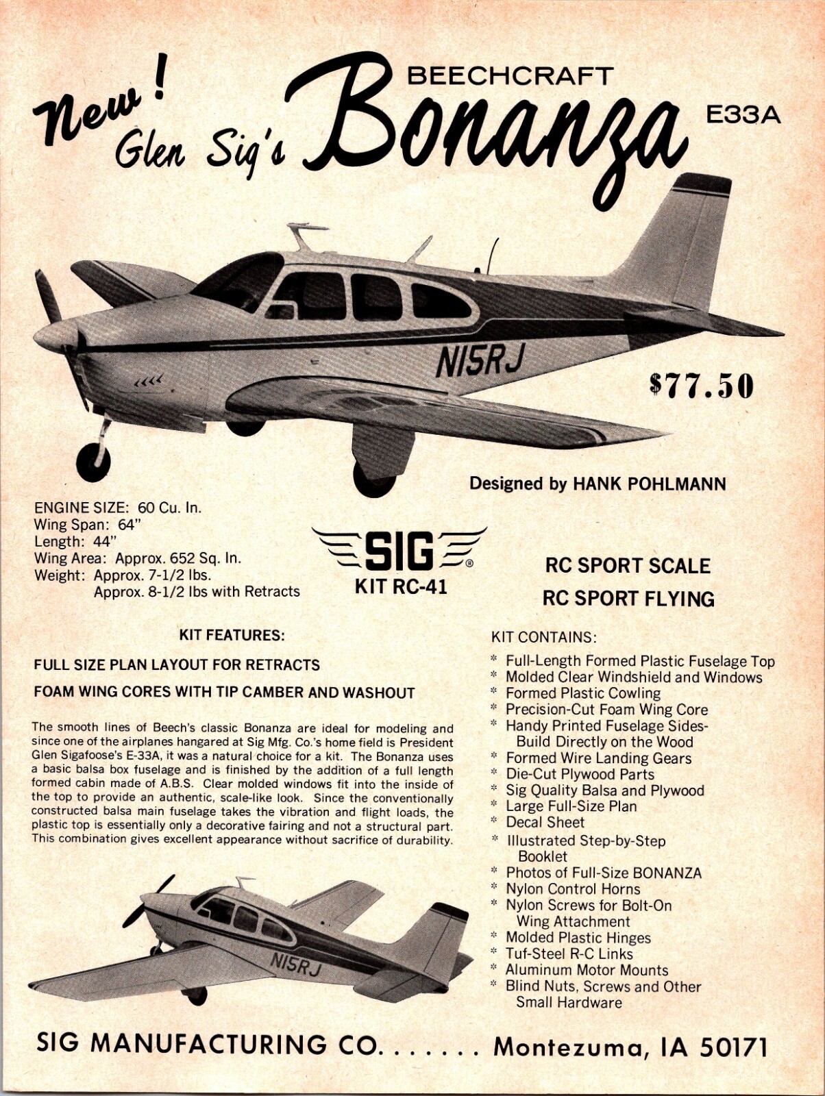 SIG Beechcraft Bonanza RC Airplane Kit Vintage Print Ad Wall Decor E33A