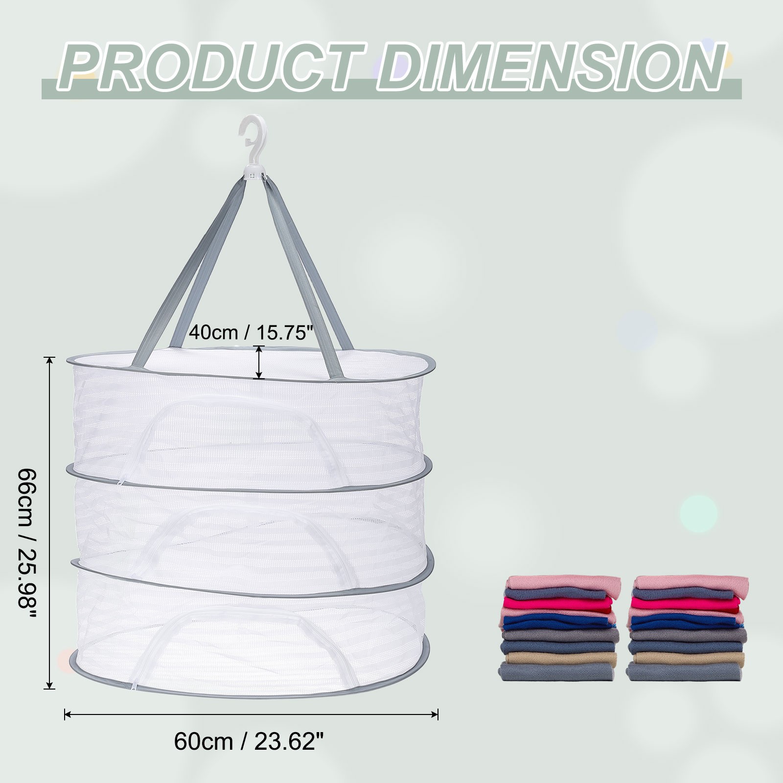 24" Herb Drying Rack Hanging 3 Layer Hanging Mesh Net with Zipper, Grey
