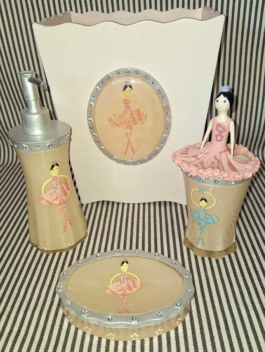 SET OF 4 PINK GLITTER RHINESTONE BALLERINA BATH ACCESSORIES 2 SOAPS BASKET BRUSH