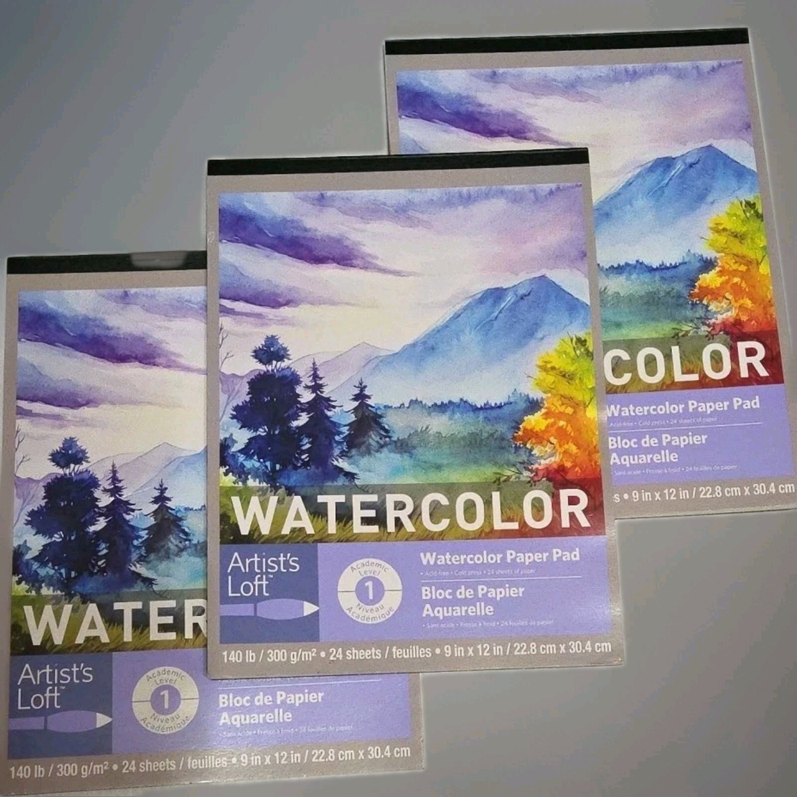 3 Pack Watercolor Paper Pad Artists Loft 24 Sheets Each 140lb 9×12" = 72 Sheets