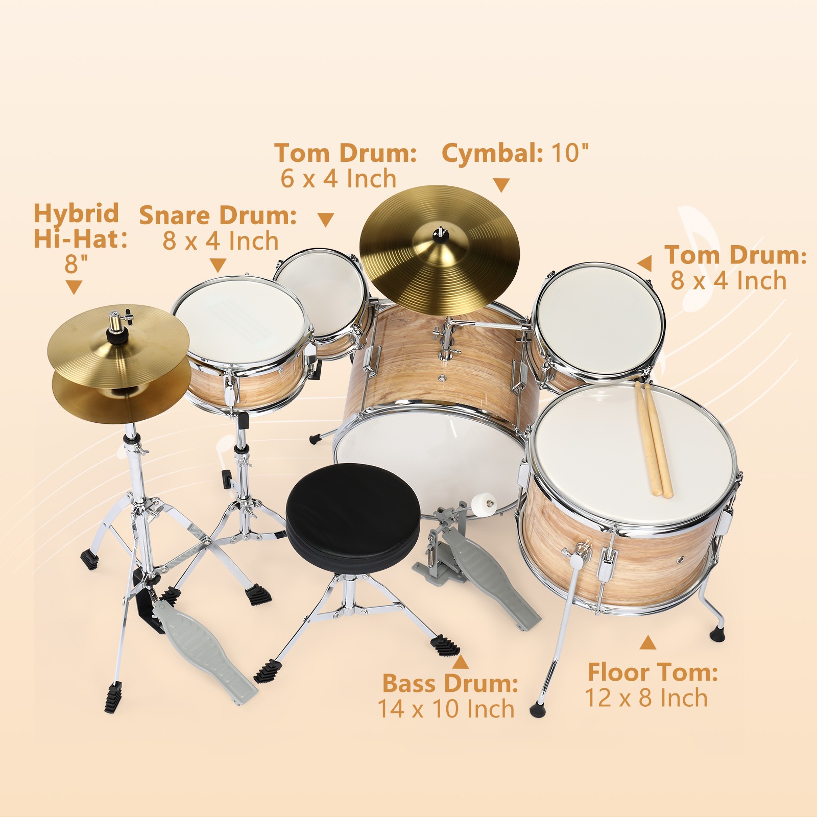 5-Piece Complete Junior Drum Set with Genuine Brass Cymbals - Advanced Beginner