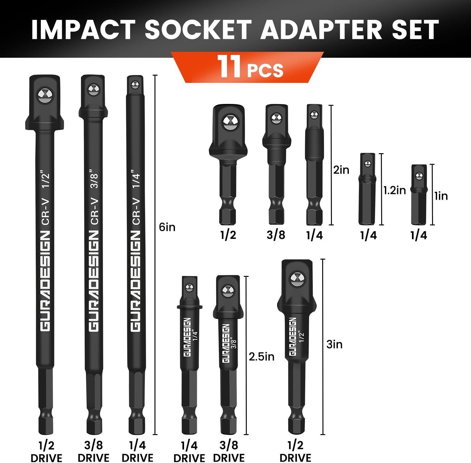 11-Piece Impact Socket Adapter Set - 3/6 Inch Hex Shank, One Size, Black