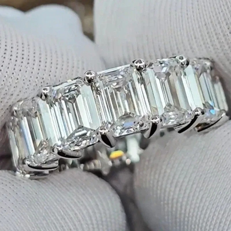 Rare 13.5 Ctw Emerald Cut Treated White Diamond Full Eternity Band 925 Silver