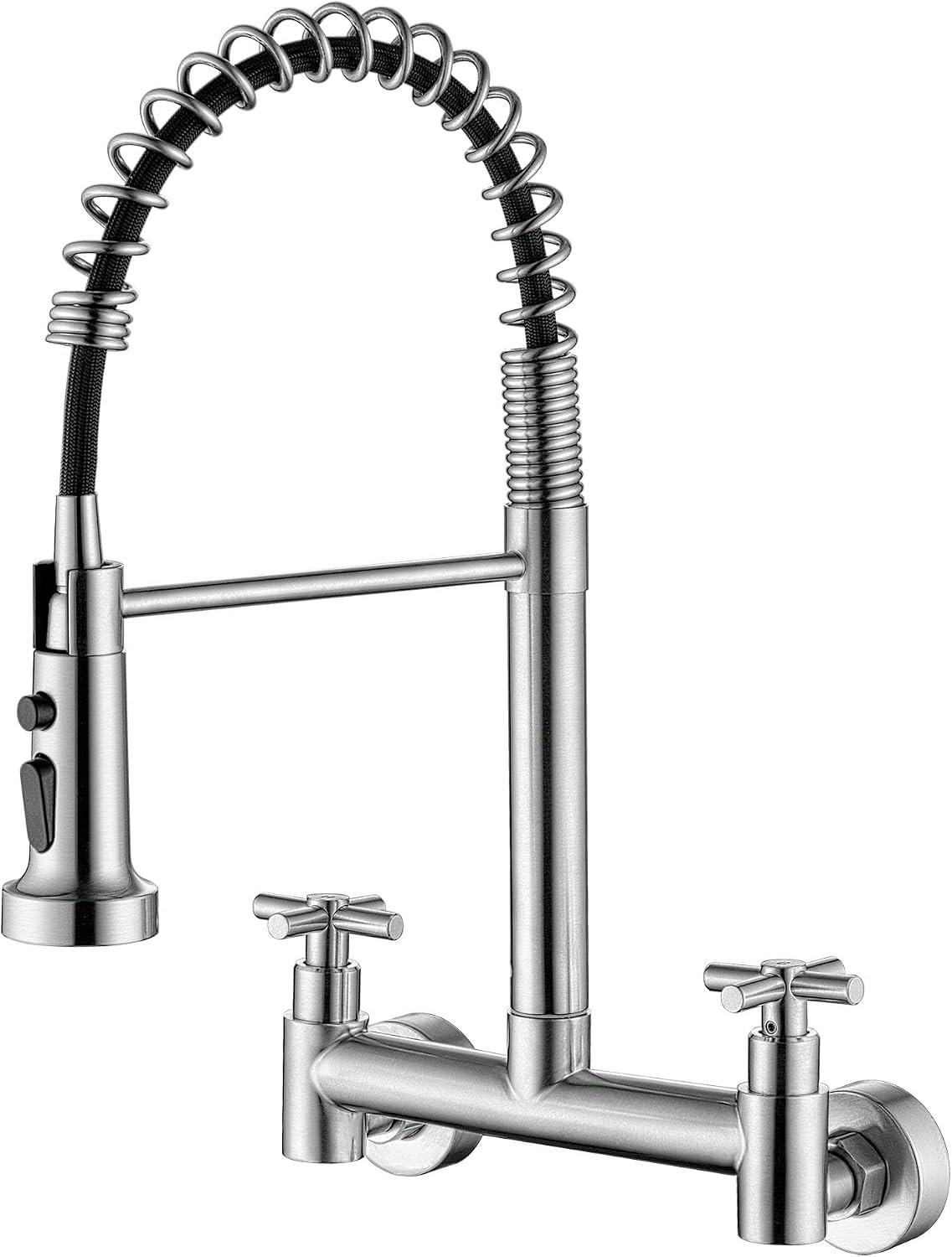 High Arc Wall Mount Kitchen Faucet with Pull Down Sprayer & Dual Handles