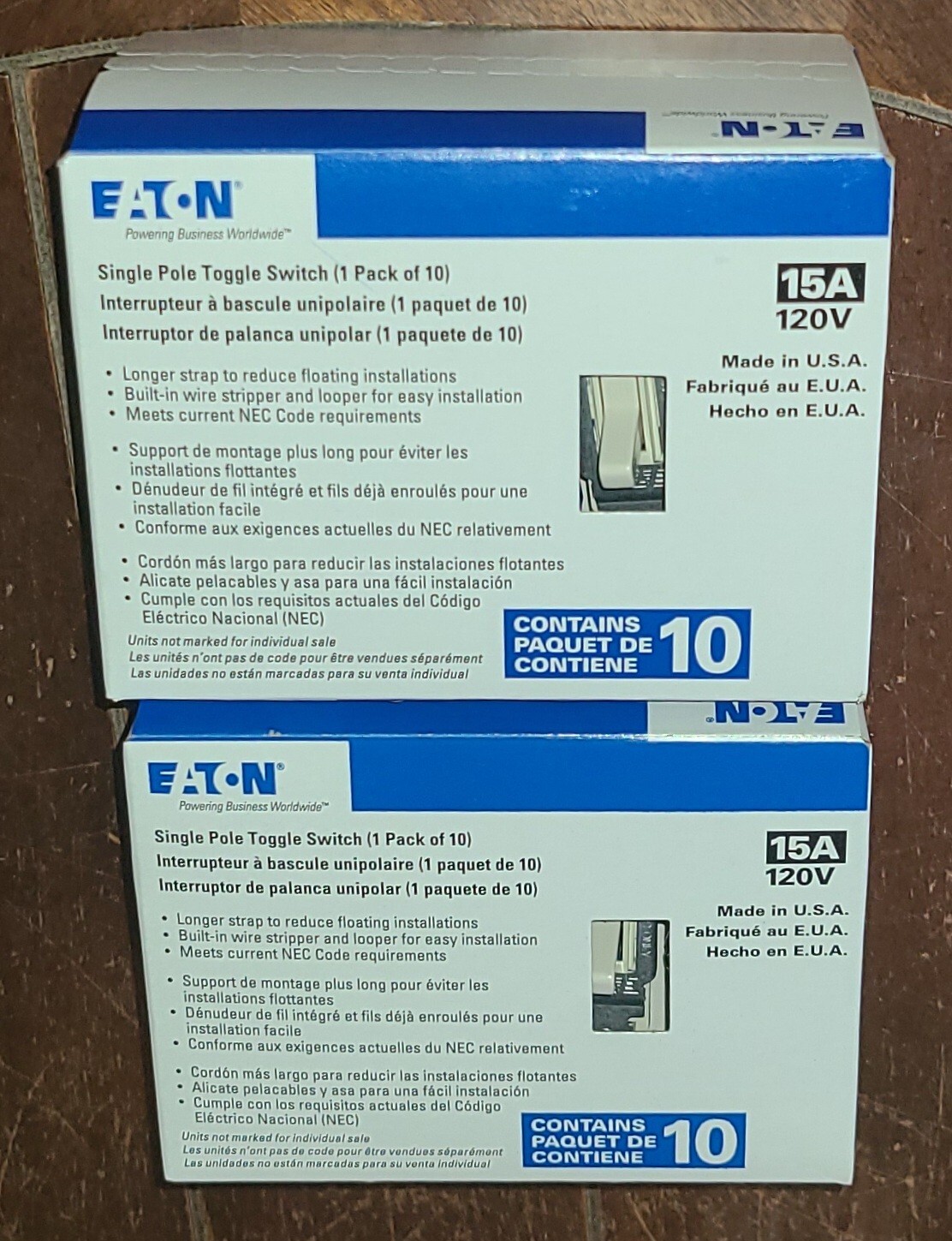 Lot of 2 Eaton 10pk 15A Toggle Switches -LIGHT ALMOND- (15A-120V) 1301-7LA-10-LW