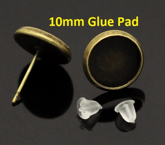 10 pcs. Antique Bronze Earring Posts Settings Bezels Tacks - 10mm Glue Pad