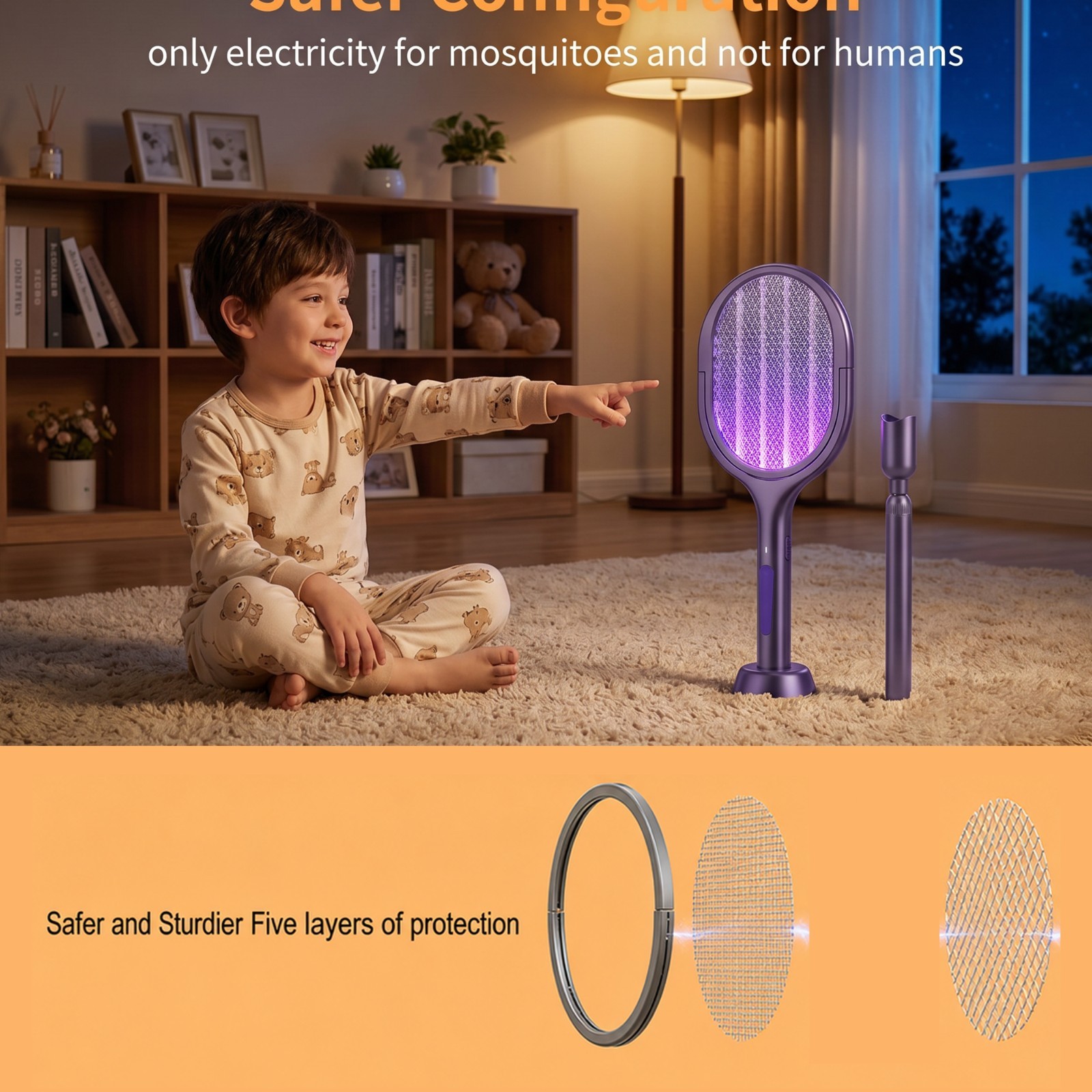 Electric Fly Swatter Racket Rechargeable Bug Zapper with a Telescopic Extensions