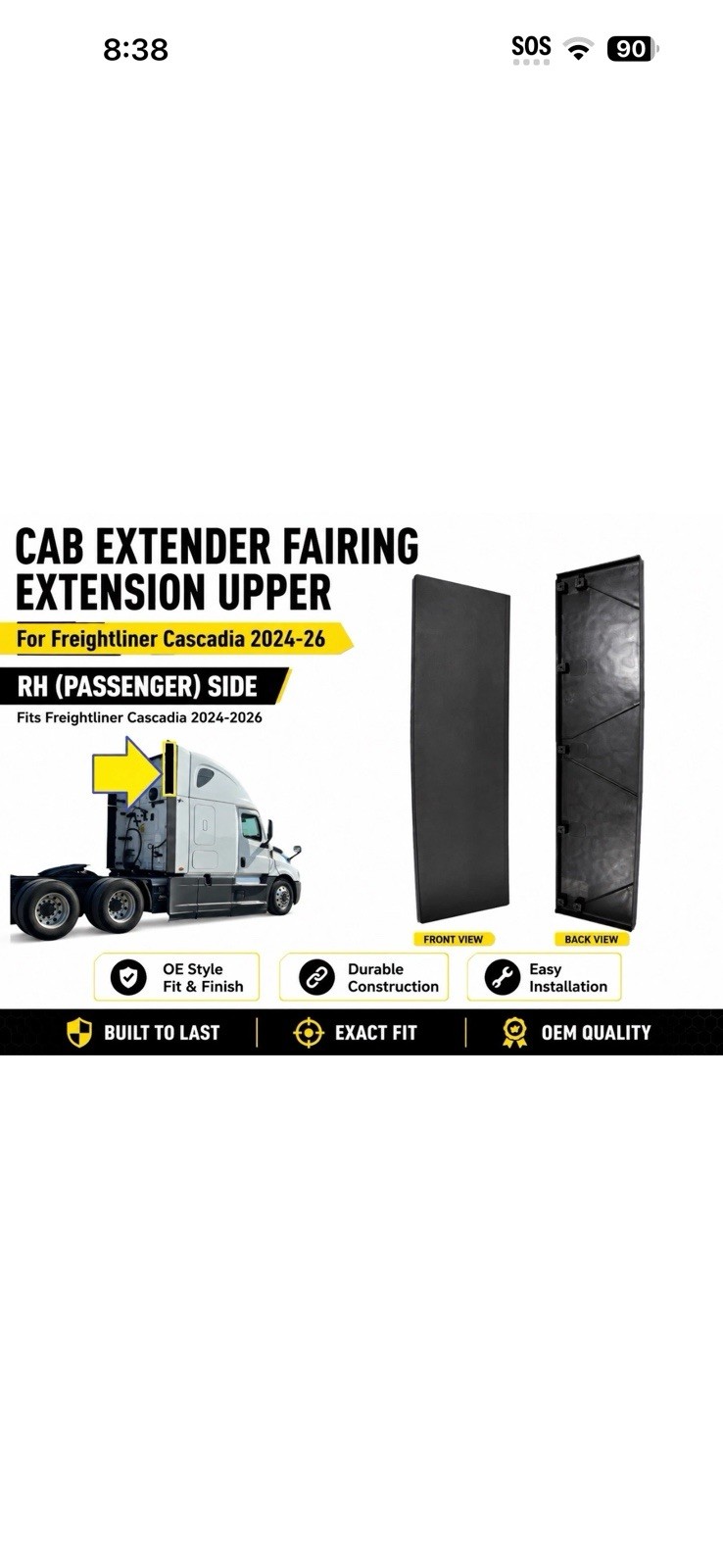 Freightliner Cascadia 2024-26 Cab Extender Fairing Extension Upper RH(Passenger)