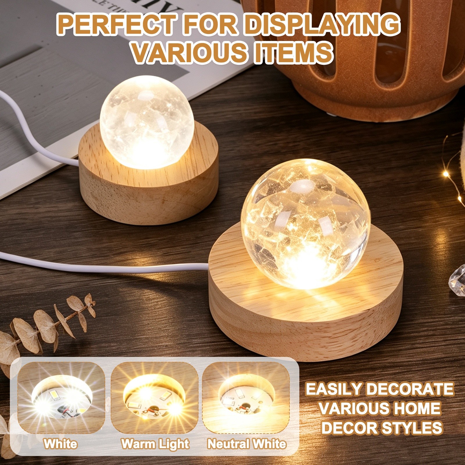 LED Base Wood Light Display Base, 2.76In/7cm OD White Light
