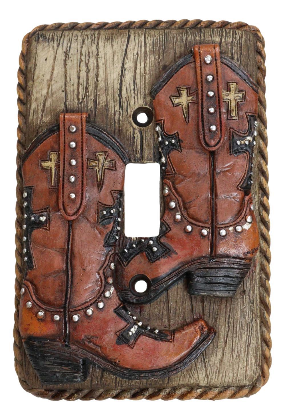 Set of 2 Rustic Western Cowboy Boots Faux Wood Wall Single Toggle Switch Plates