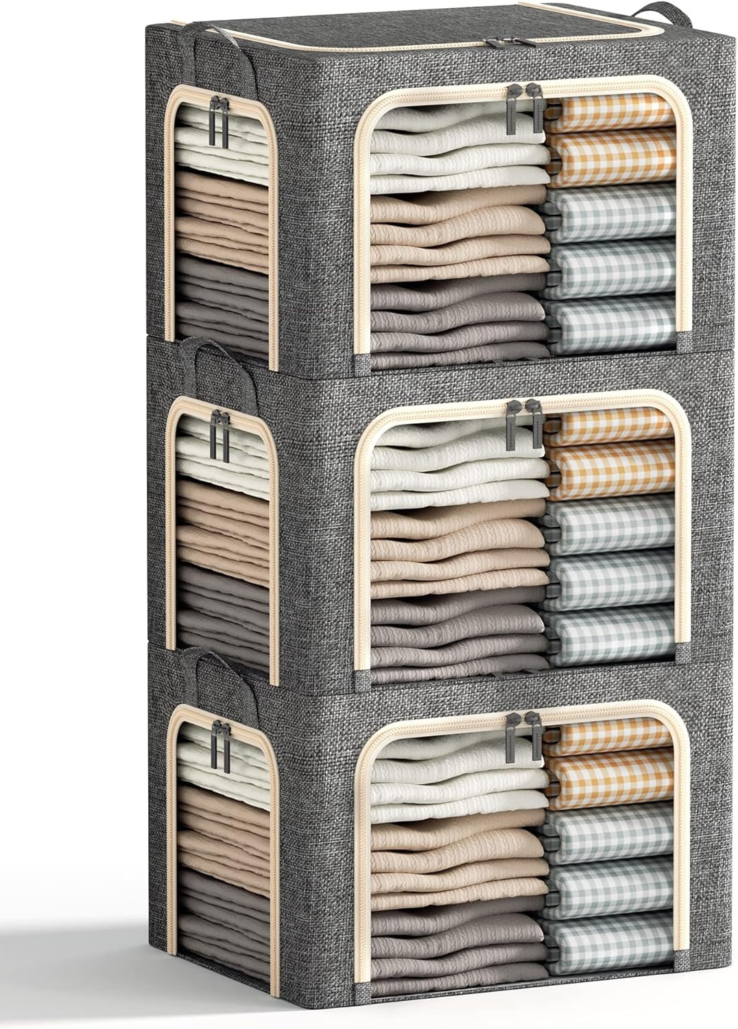 3 Openings Clothes Storage Bins with Metal Frame, Foldable Storage Bin for Cloth