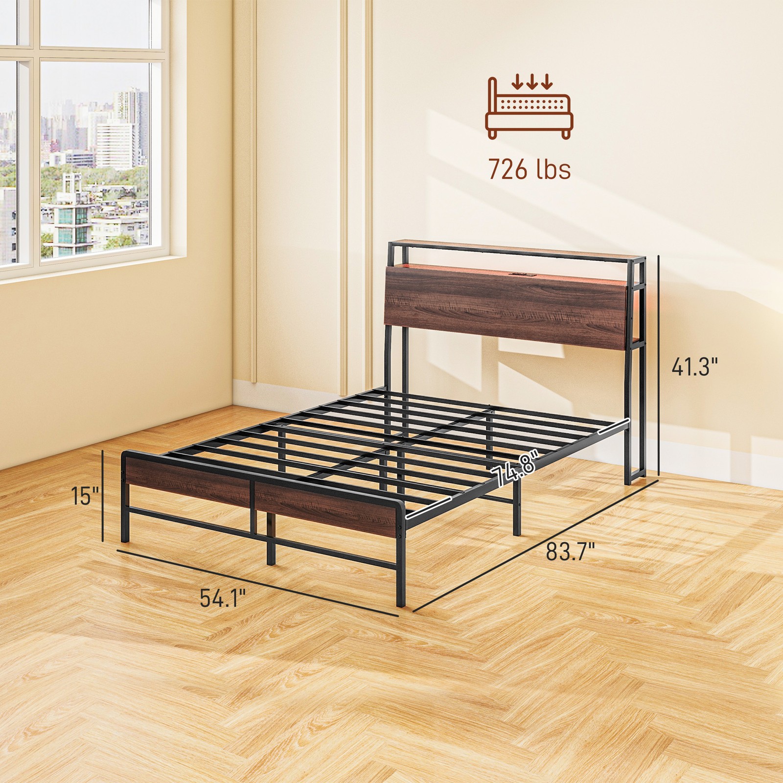Full Size Bed Frame with Headboard, Platform Bed Frame with LED Lights