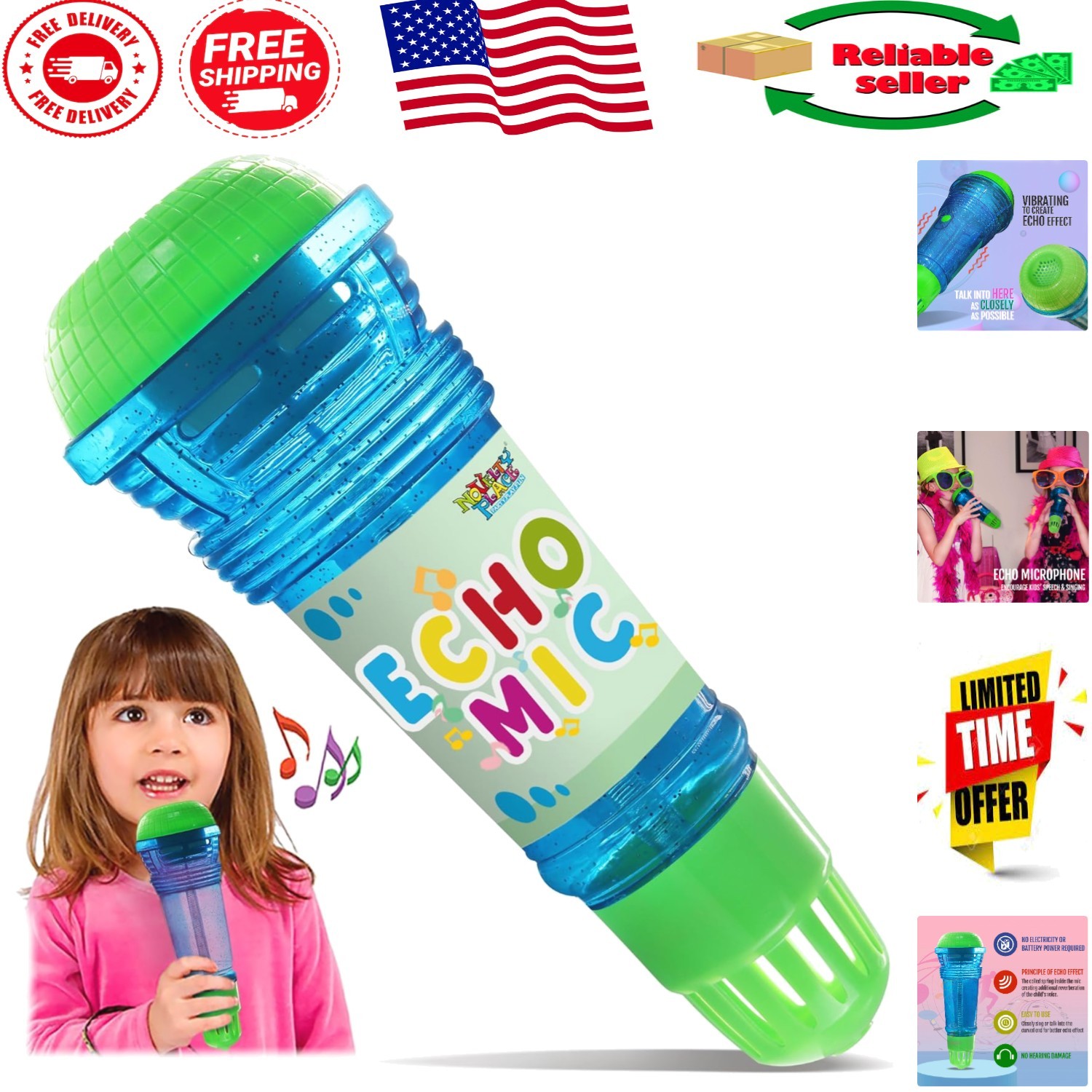 Echo Mic for Kids - Battery-Free Karaoke Toy for Speech Therapy, 10" Blue/Green