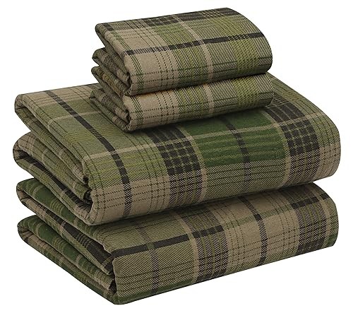 RUVANTI 100% Cotton 4 Pcs Flannel Sheets Green & Grey Plaid Full Sheets , Deep