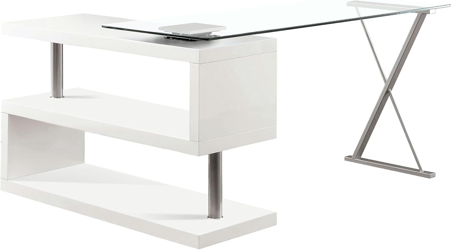 Lilliana Modern Swivel Glass Top S-Shaped Writing Desk for Home Office, Studying