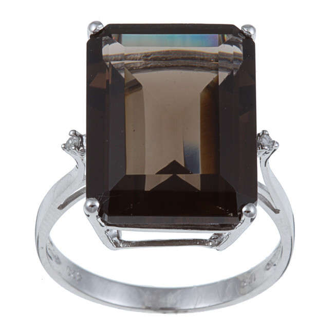 10k White Gold Large Emerald-Cut Smoky Quartz and Diamond Accent Ring
