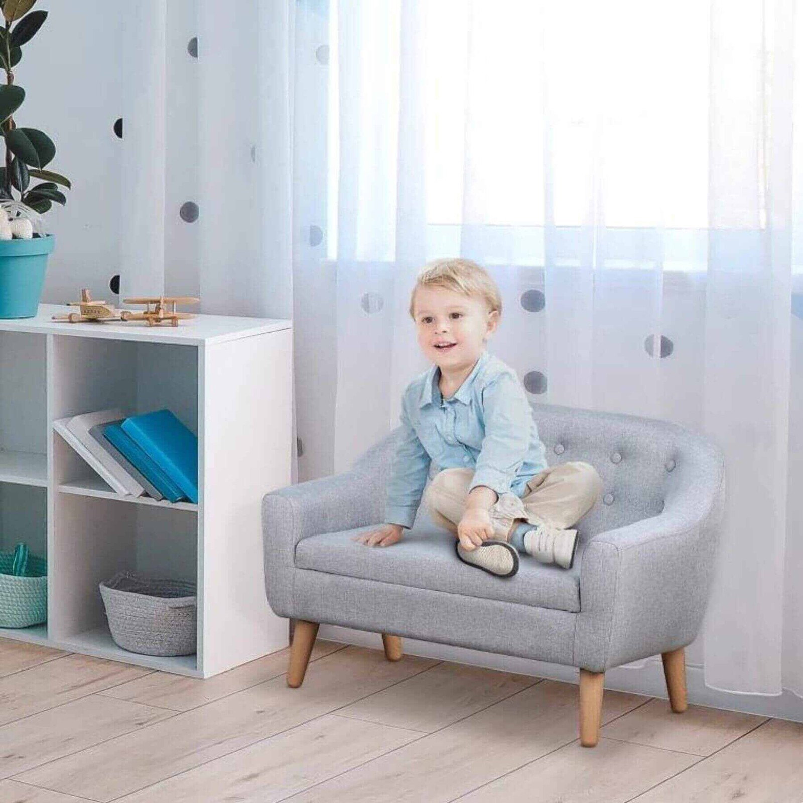 Qaba 2-Seat Kids Sofa Linen Fabric and Wooden Frame Sofa, Gray