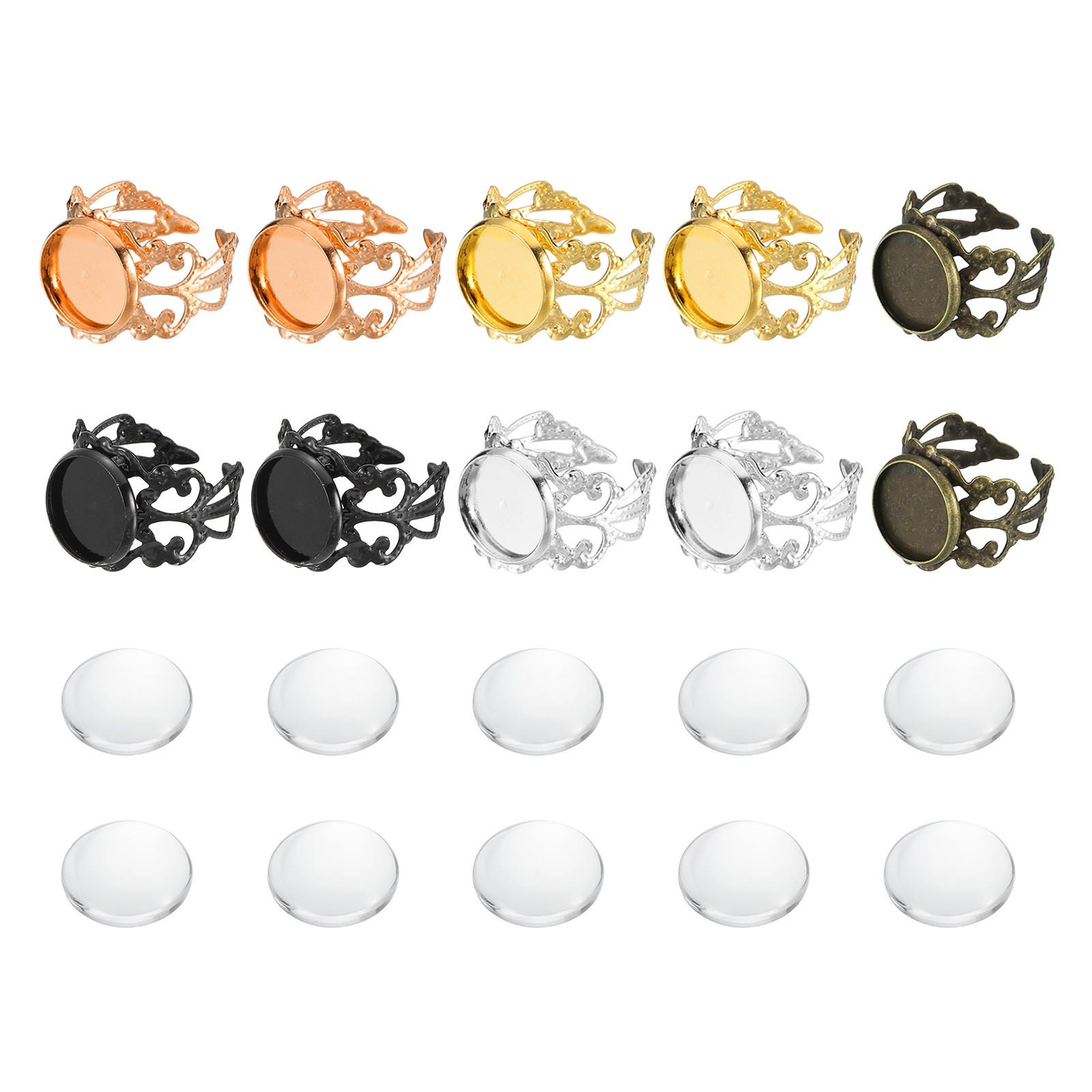 10Pcs Metal Ring Base Blank, 12mm Ring Blank Base with 10Pcs Cabochon(Grey)