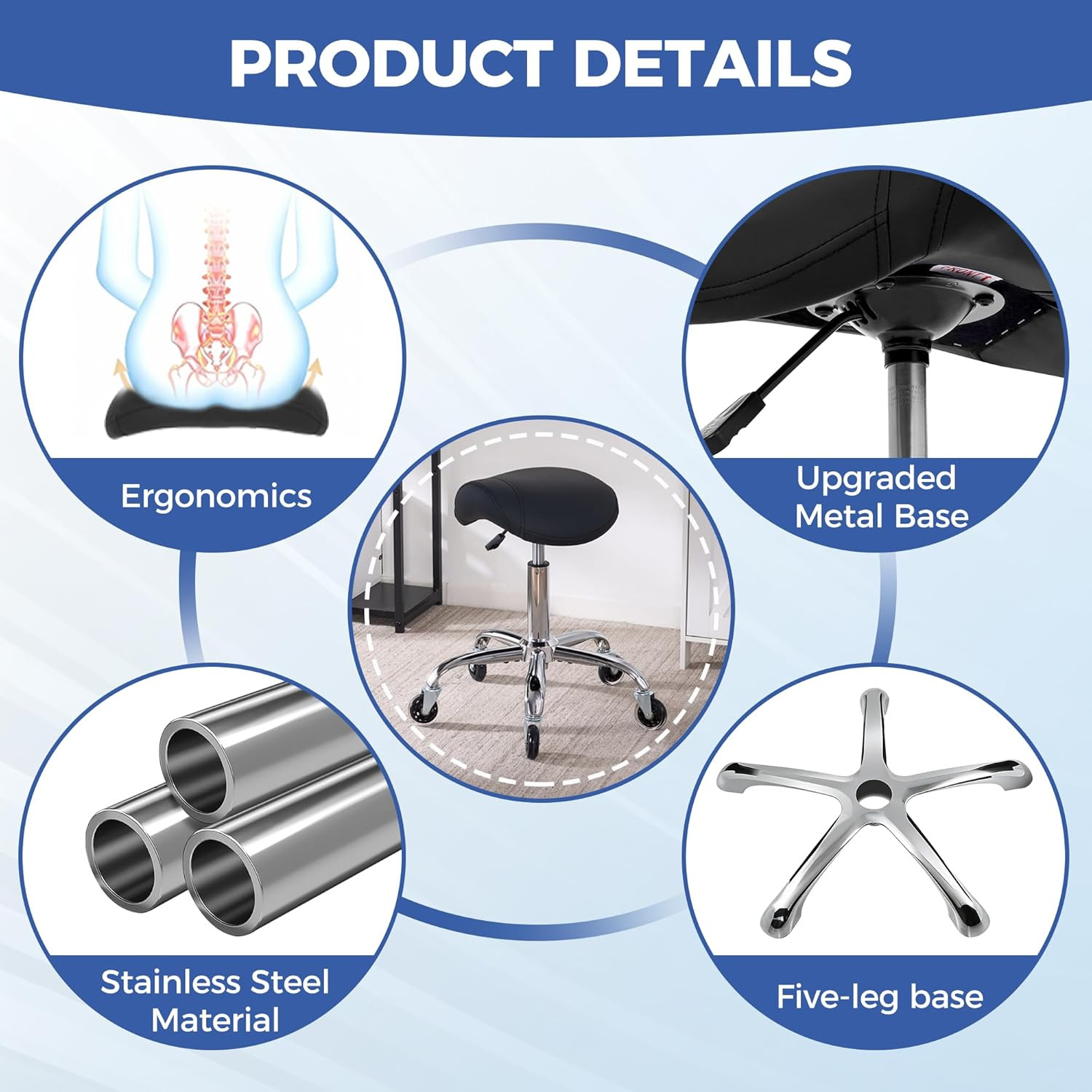 Saddle Stool with Wheels Ergonomic Swivel Adjustable Rolling Stool with PU Leath