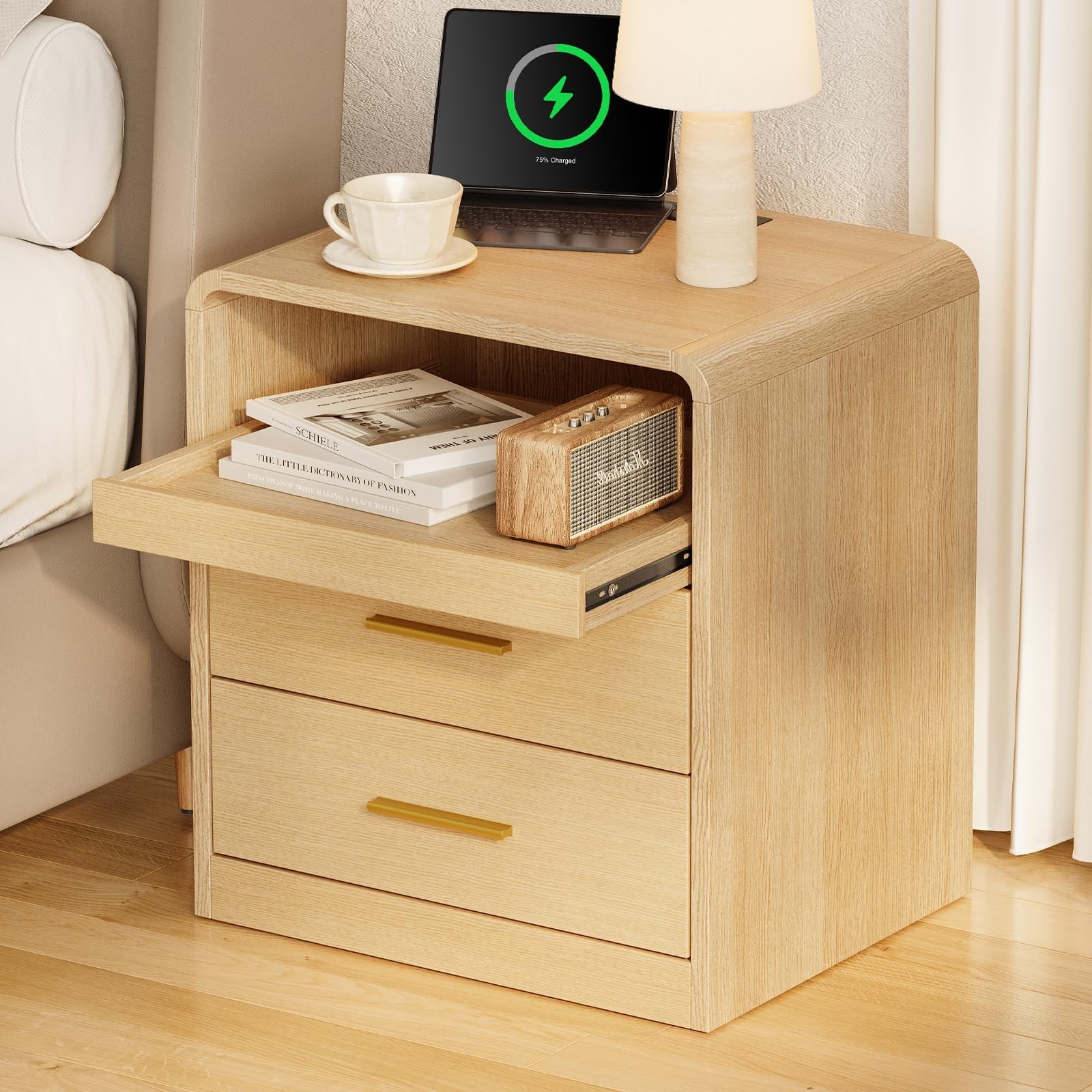 20” Wide Modern Nightstand with Charging Station,2 Drawer End Table with P