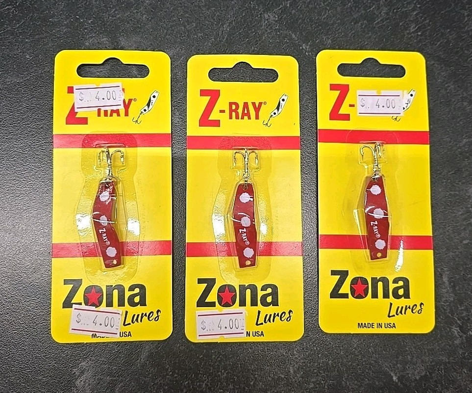 3X LOT ZONA LURES Z-Ray Lure 1/8oz RED W/ WHITE SPOTS TROUT, BASS, PIKE SALMON