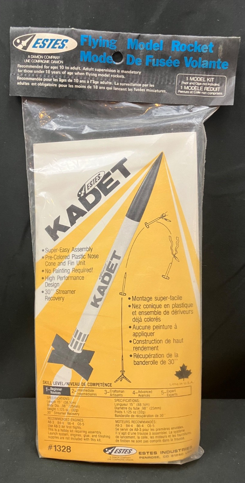 Extremely Rare Estes Kadet Black Hangtag Flying Model Rocket Kit #1328 - Sealed