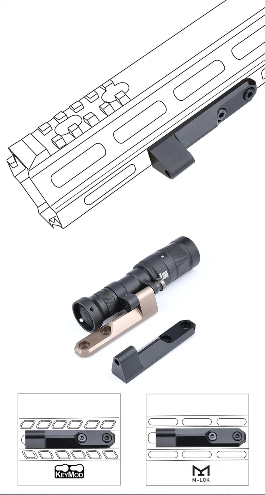 Tactical Mlok & Keymod Metal Base Mount For M640 M340 Airsoft Flashlight Base